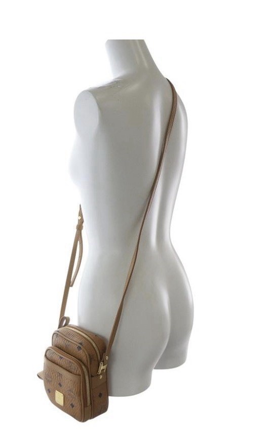MCM AUTH COGNAC VISETOS SMALL AREN CAMERA CROSSBODY BAG TWO ZIP POCKETS NWOT