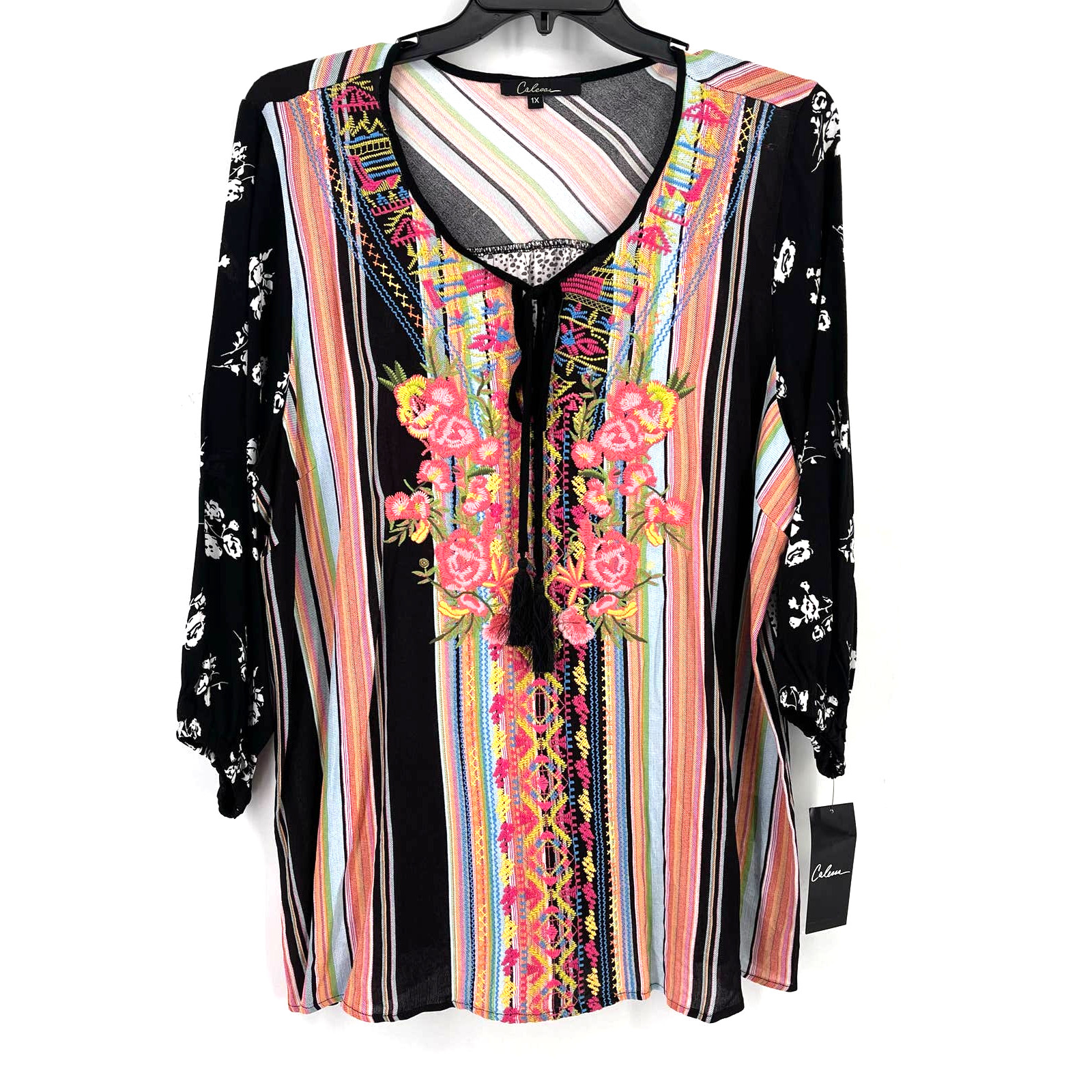 New Calessa Boho Floral Embroidered Stripe Tunic Shirt Size Small Black Pink New Calessa Boho Floral Embroidered Stripe Tunic Shirt Size Small Black Pink