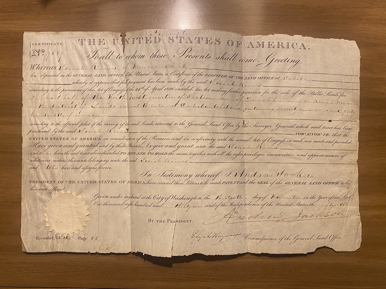 1831 President Andrew Jackson Signed Land Grant - Very Large Signature