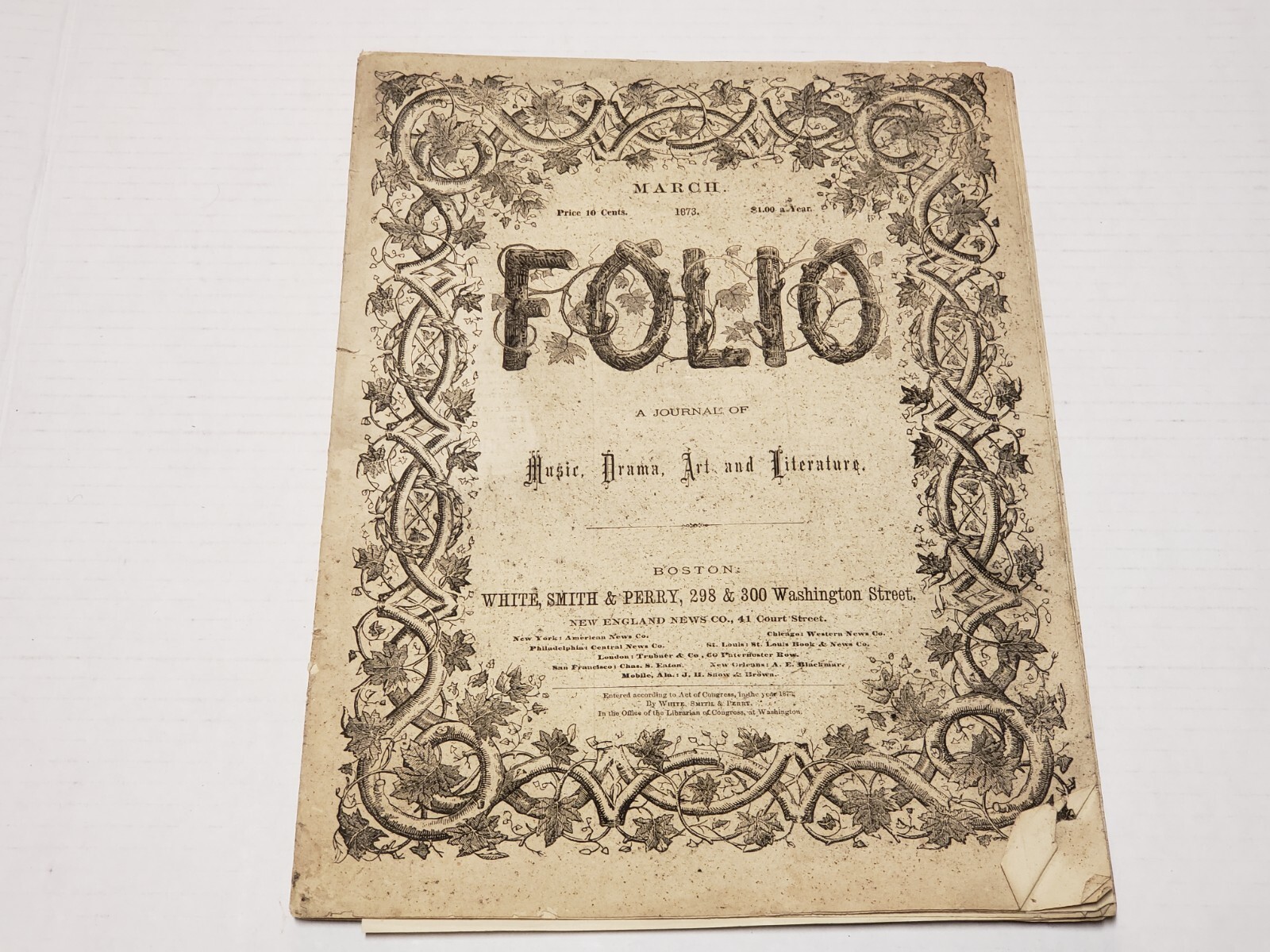 Vintage Mar. 1873 Folio Journal Of Music, Drama, Art, Lit - White. Smith & Perry Vintage Mar. 1873 Folio Journal Of Music, Drama, Art, Lit - White. Smith & Perry