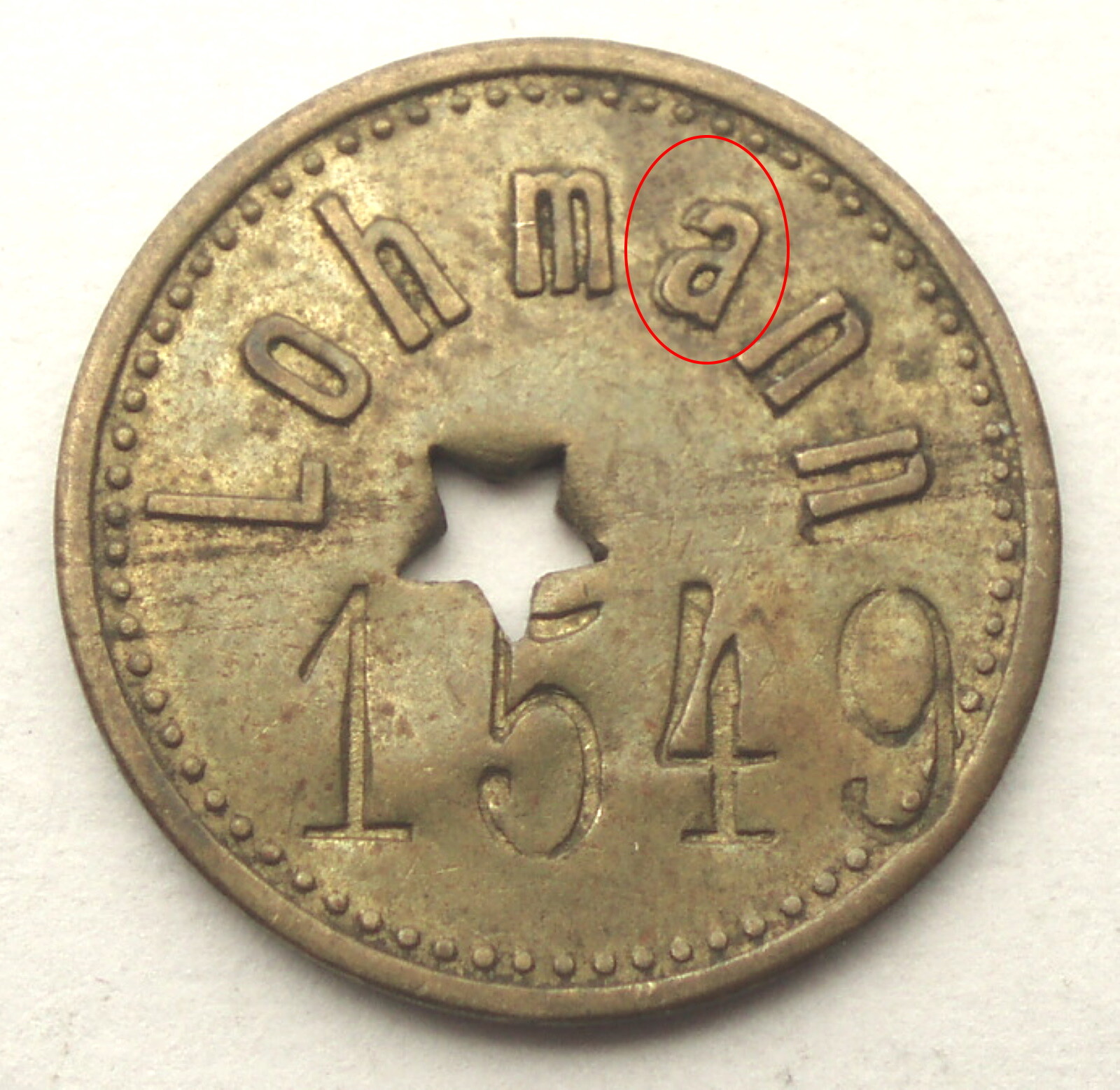 UK, LOHMANN 10 Countermark 1549 Token 17.3mm 1.8g Brass, Double Die Error. M4.7