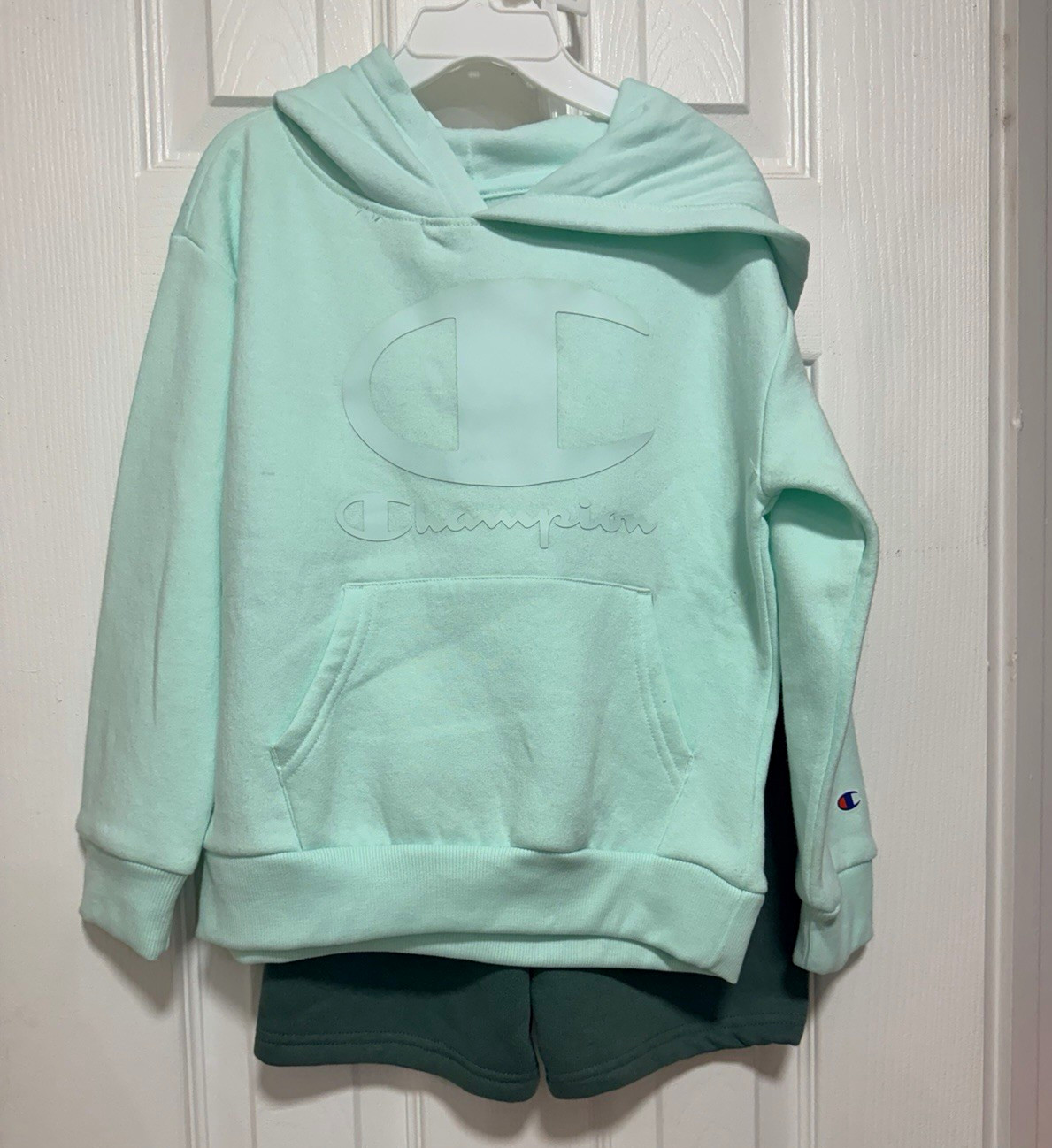 Champion Boy’s Size 6 2pc Fleece Hoodie & Shorts Set Solid Mint Green Logo