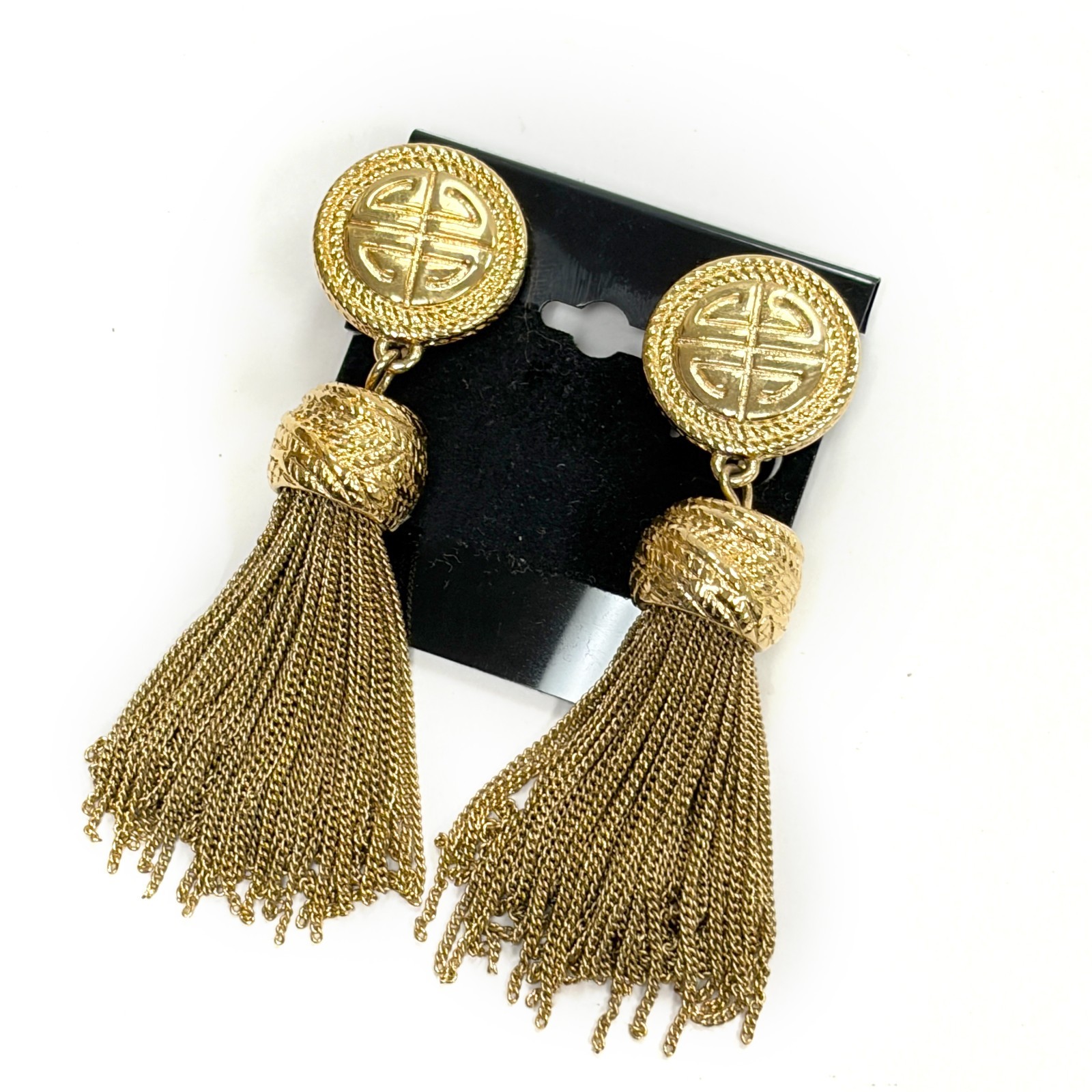 1980s Givenchy Logo Tassel Clip On Earrings Multi-Chain Fringe Signed Vintage