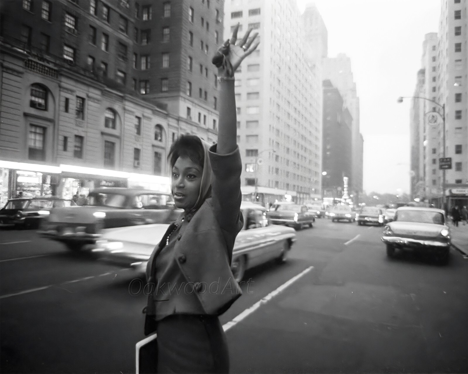 1960s YOUNG BLACK WOMAN Hailing a Cab, Manhattan, NY City, Vintage Photo Reprint