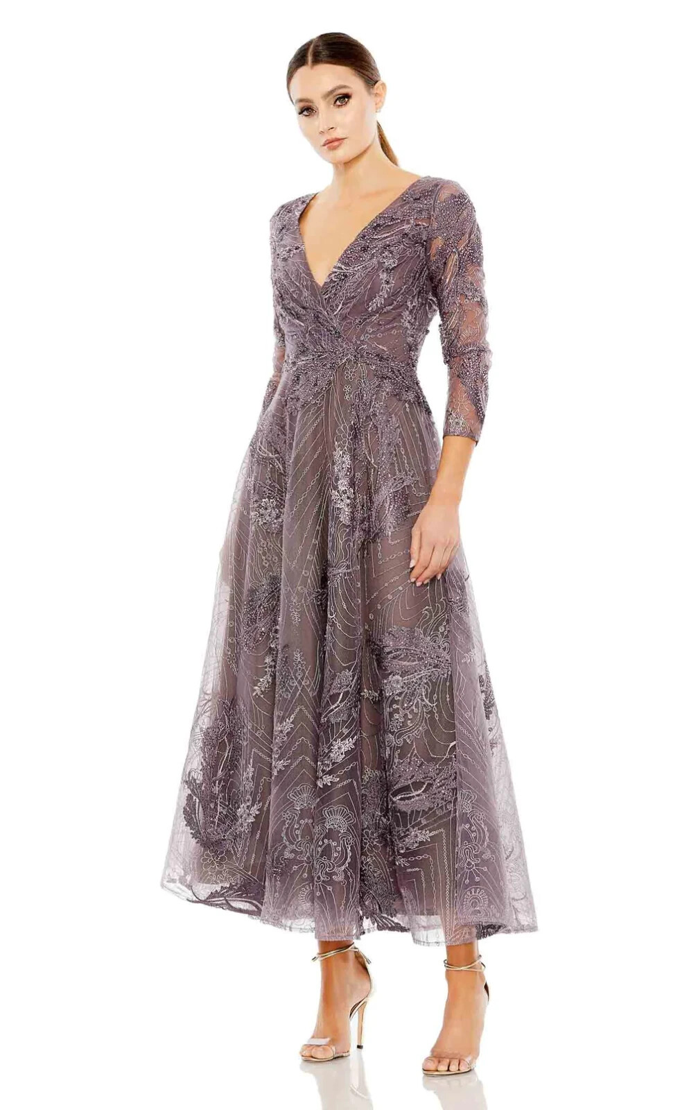 Mac Duggal Purple Aubergine Beaded Floral A-Line Cocktail Midi Dress 14 $698