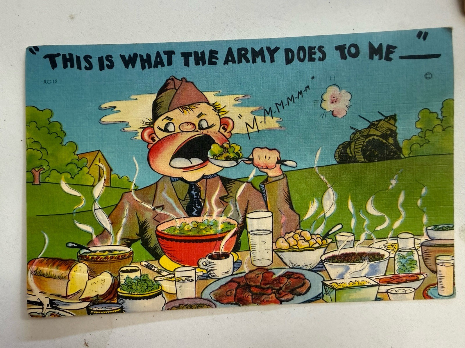 1943 WWII Army Humor Postcard Camp Stewart GA Soldier Eating AC-12 Posted