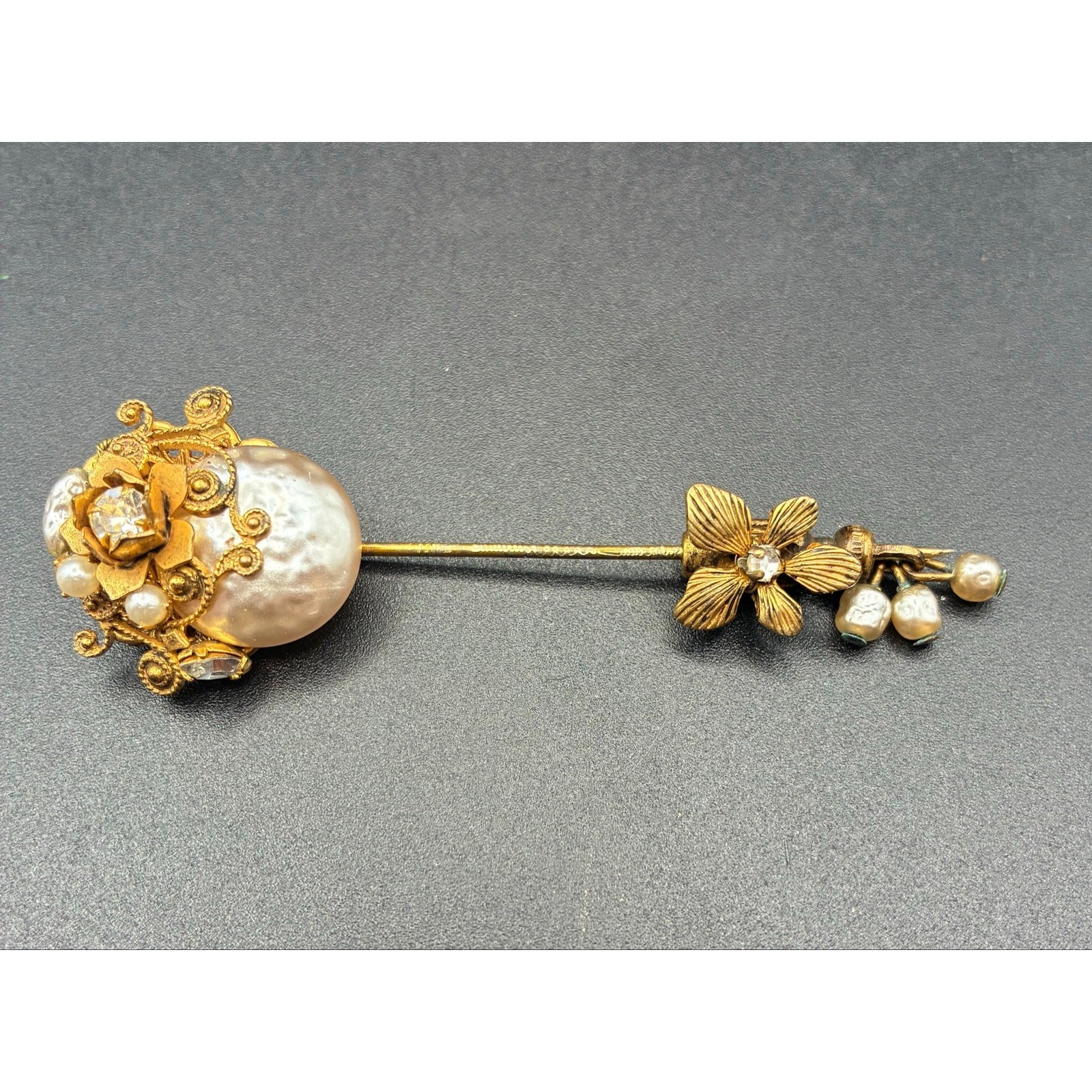 Vintage Miriam Haskell Signed Faux Pearl Rhinestone Floral Stick Pin
