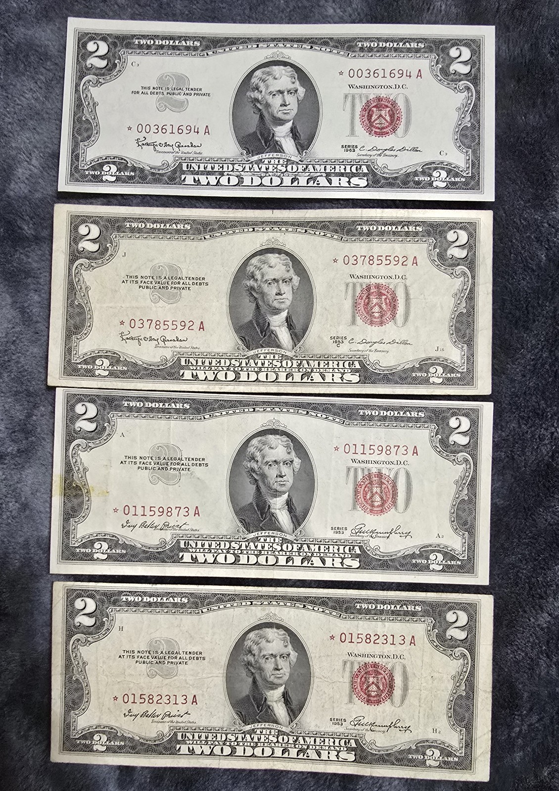 Lot of 4 RARE Red Seal $2 Star Notes - 1963 (UNC) & (3) 1953 Replacement Bills