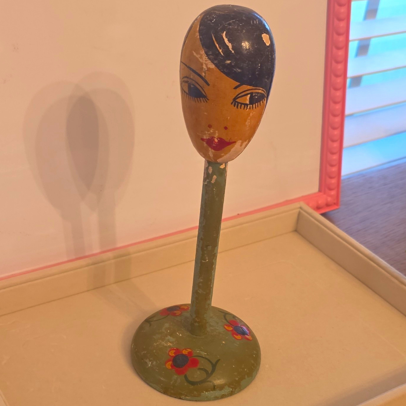 Vintage Hand Painted Wood Female Head Hat/Wig Stand Floral Made in Germany Vintage Hand Painted Wood Female Head Hat/Wig Stand Floral Made in Germany