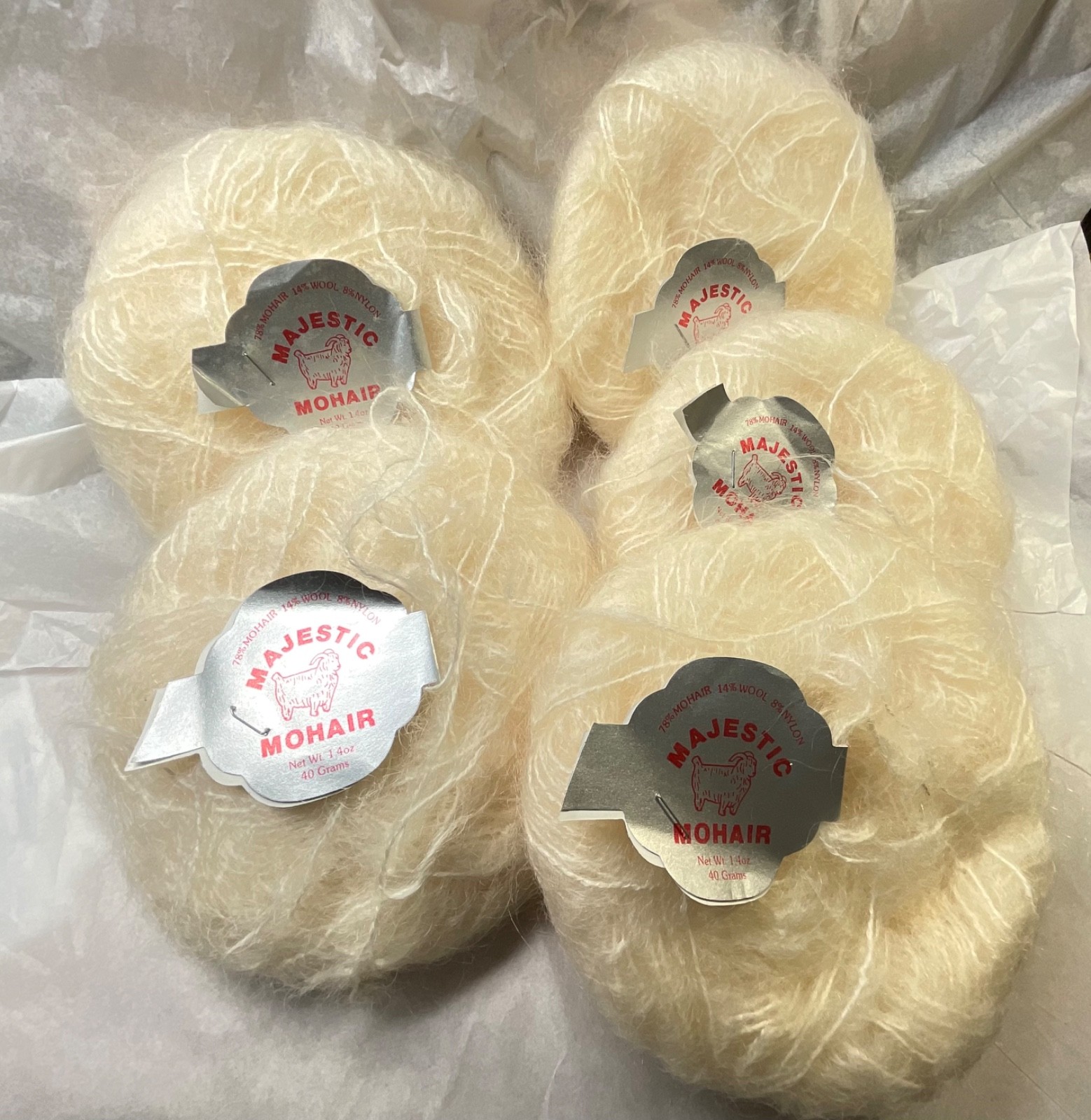 MAJESTIC MOHAIR 5 Skein Lot Made In England Ivory Vtg NOS Shade 647 Dye 4205