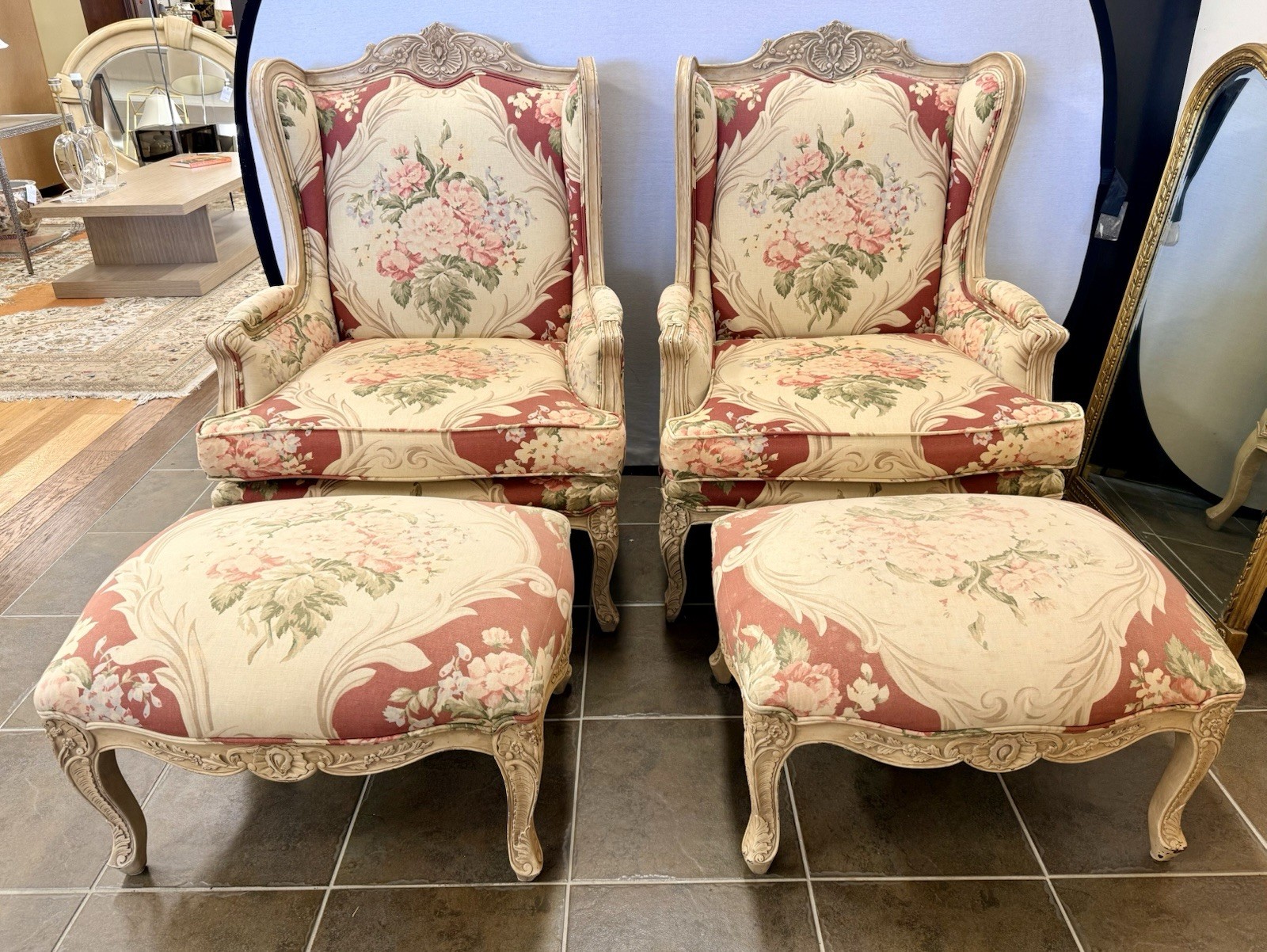 Stunning Rare Pair of French Louis XV Style Floral Bergeres Chairs with Ottomans Stunning Rare Pair of French Louis XV Style Floral Bergeres Chairs with Ottomans