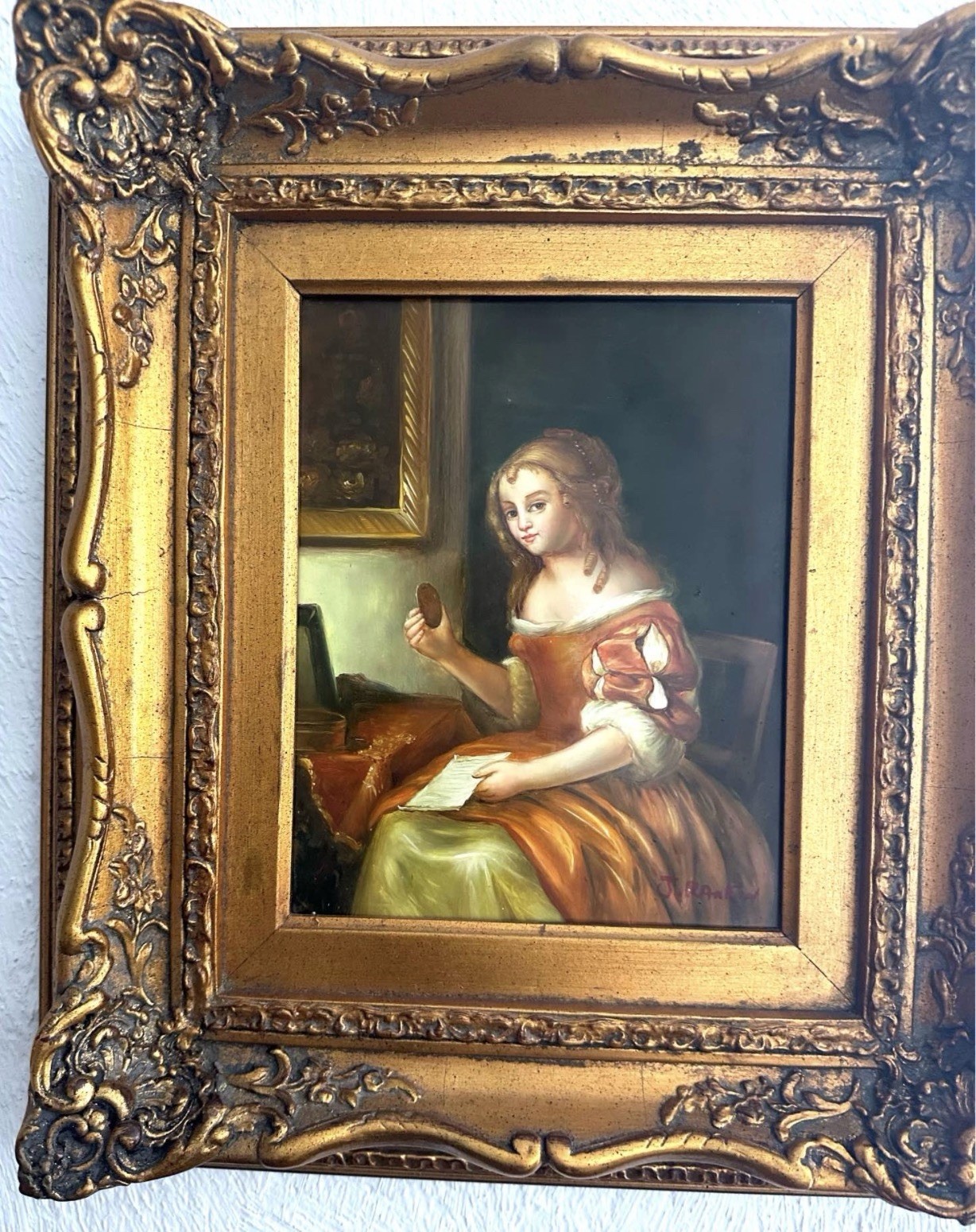 Antique Vintage Signed Original J. Rankin Oil Painting of a Lady, Oil on Board