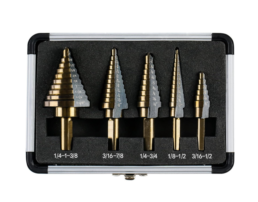 Juego 5 Brocas Escalonadas HSS Titanio 50 Medidas para Metal con Estuche Alumini