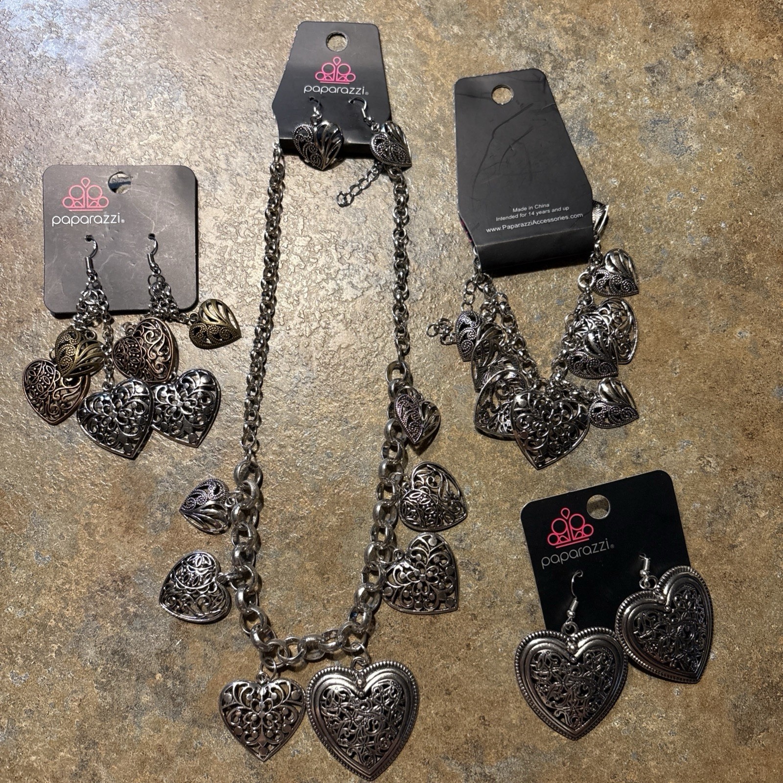 New Paparazzi Silver Filigree Heart Necklace, Bracelet, 3 Pair Earrings