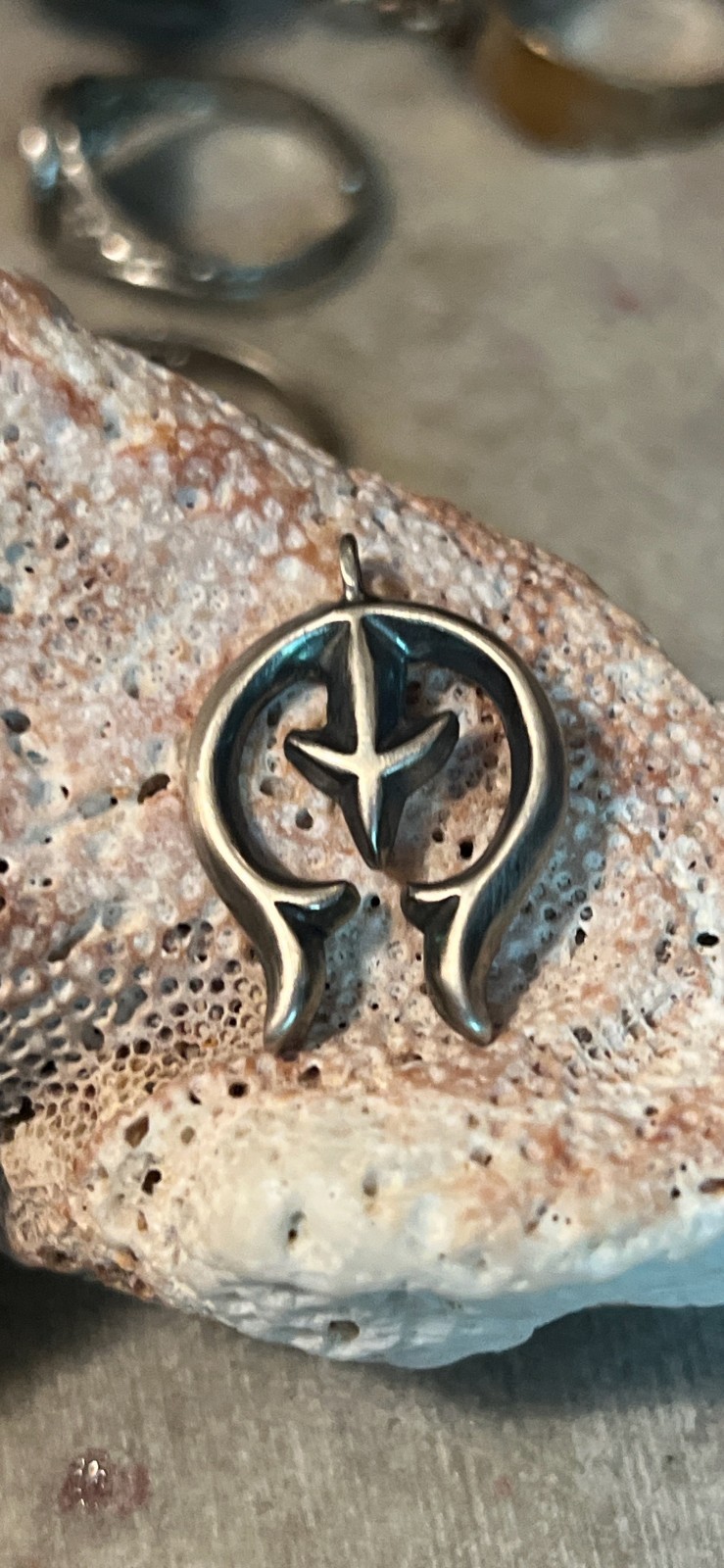 Navajo w Zia Pueblo symbol Sterling Silver Naja Pendant Signed 1\ Navajo w Zia Pueblo symbol Sterling Silver Naja Pendant Signed 1\