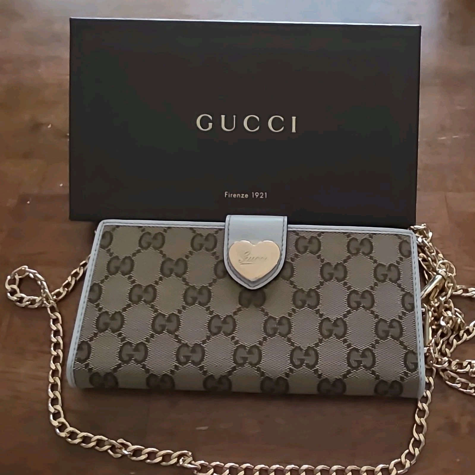 Gucci GG Pattern Wallet on Chain, Beige/Dark Brown. Heart Logo And Chain Gold. 