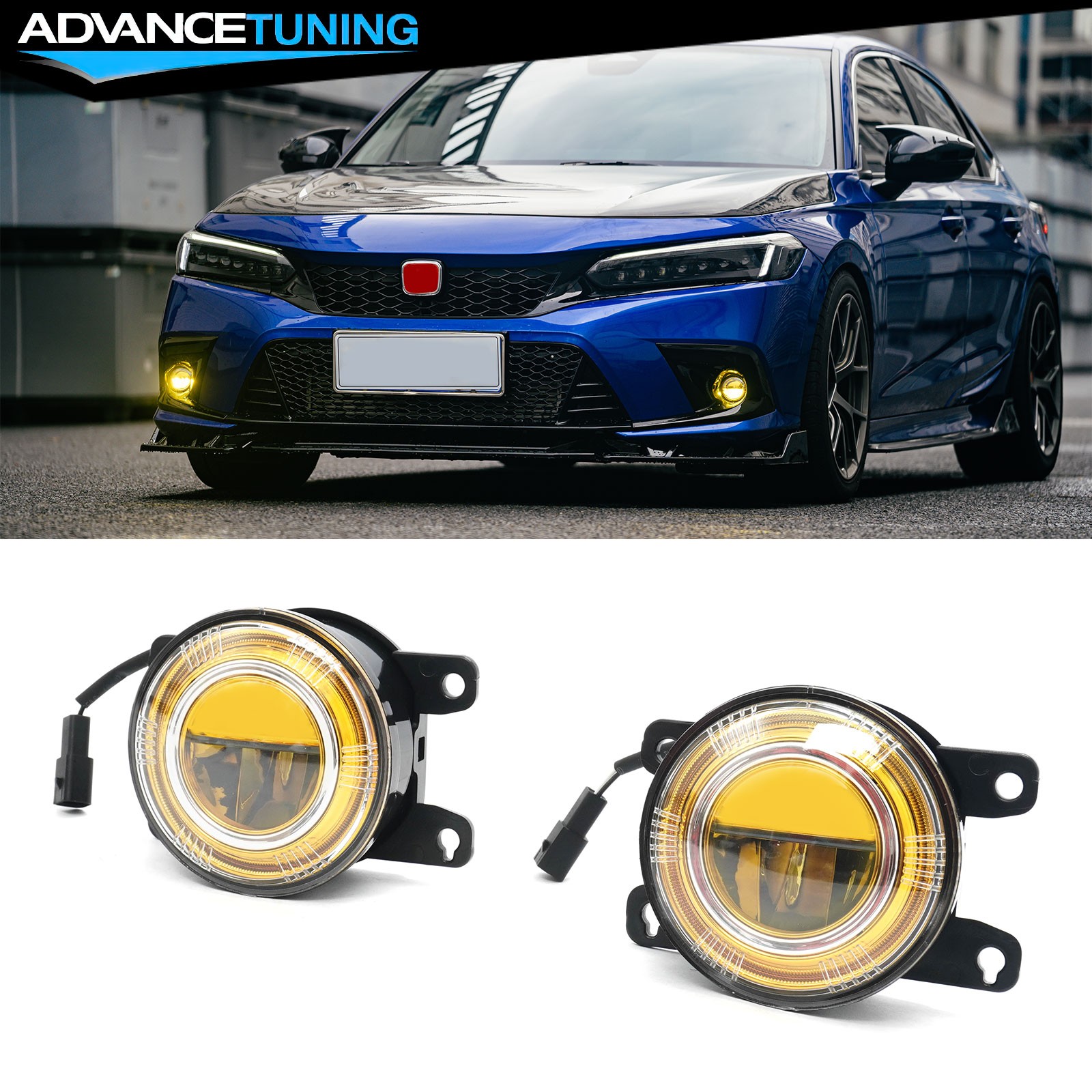 Fits 2016-2024 Honda Civic FC FK FE JDM Style Fog Lights Yellow Lens LED 2PCS