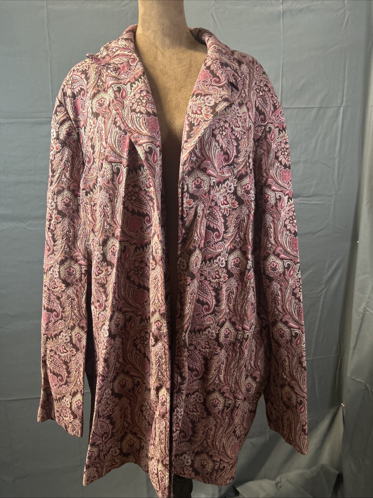 VTG 90s Maggie Barnes Paisley Open Front Blazer Jacket Artsy Boho Goblincore