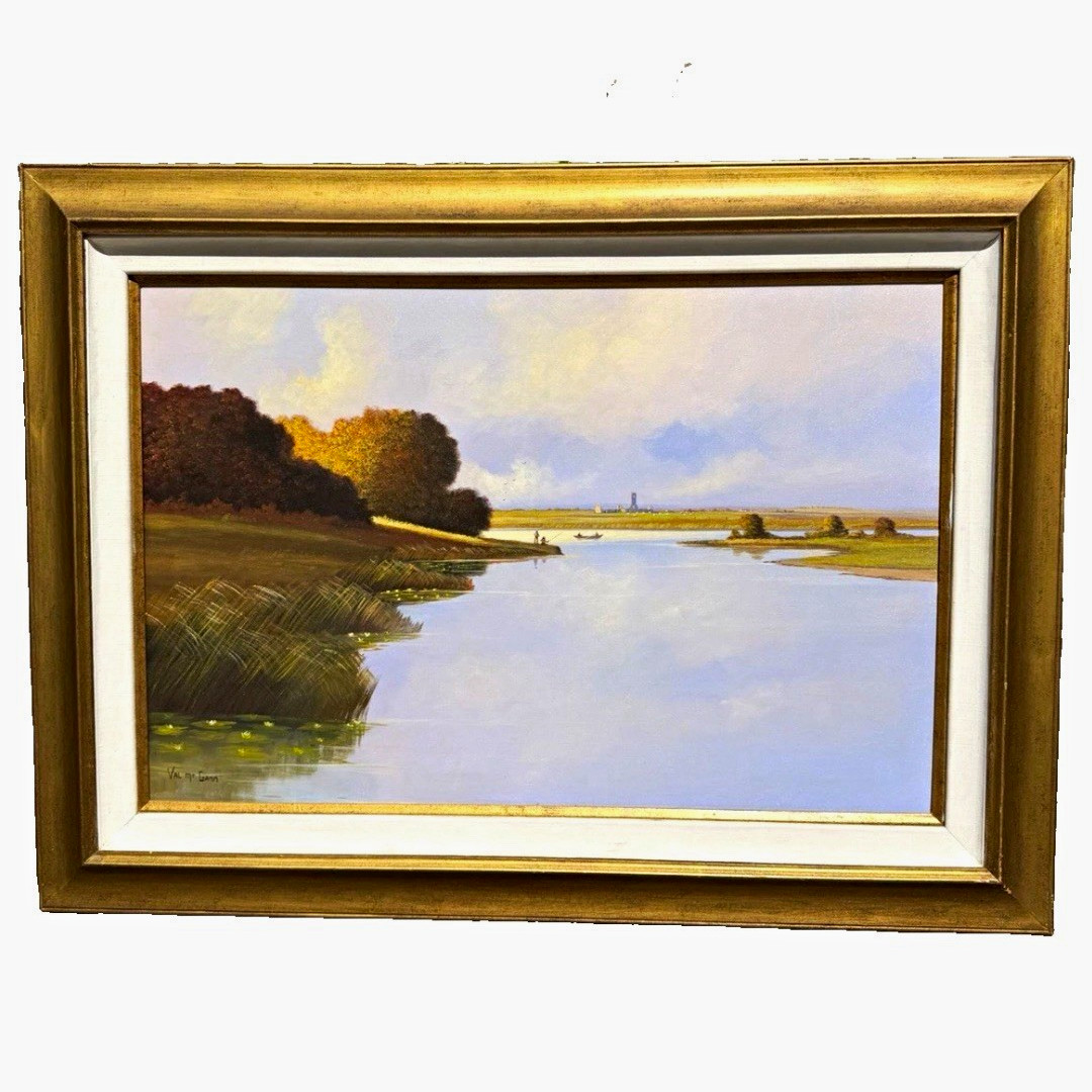 Val McGann Original Oil Painting Coastal Marsh Landscape Signed Framed 48x34