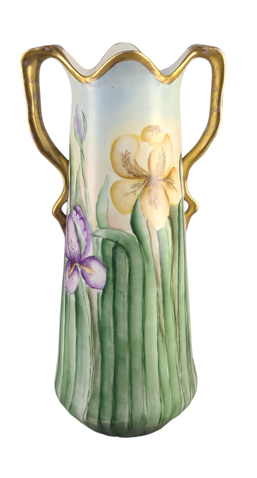 Antique Large Austrian Hand painted Irises Gilded Two Handle Vase Signed 17''