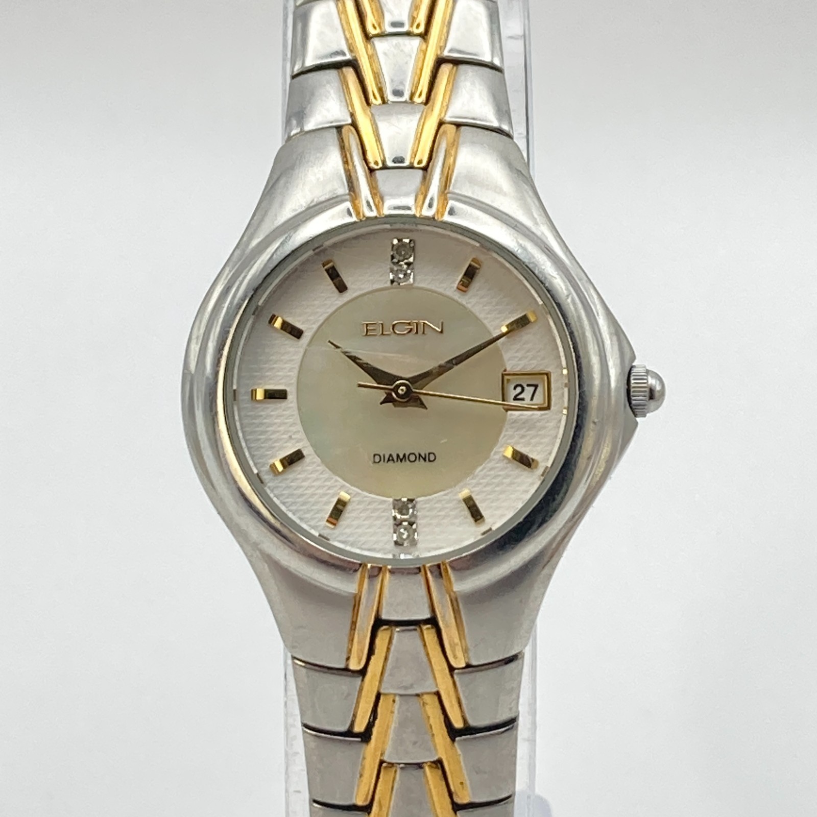 Elgin Women\'s Diamond Watch 25mm Silver Gold Tone MOP Dial Date New Battery 7\