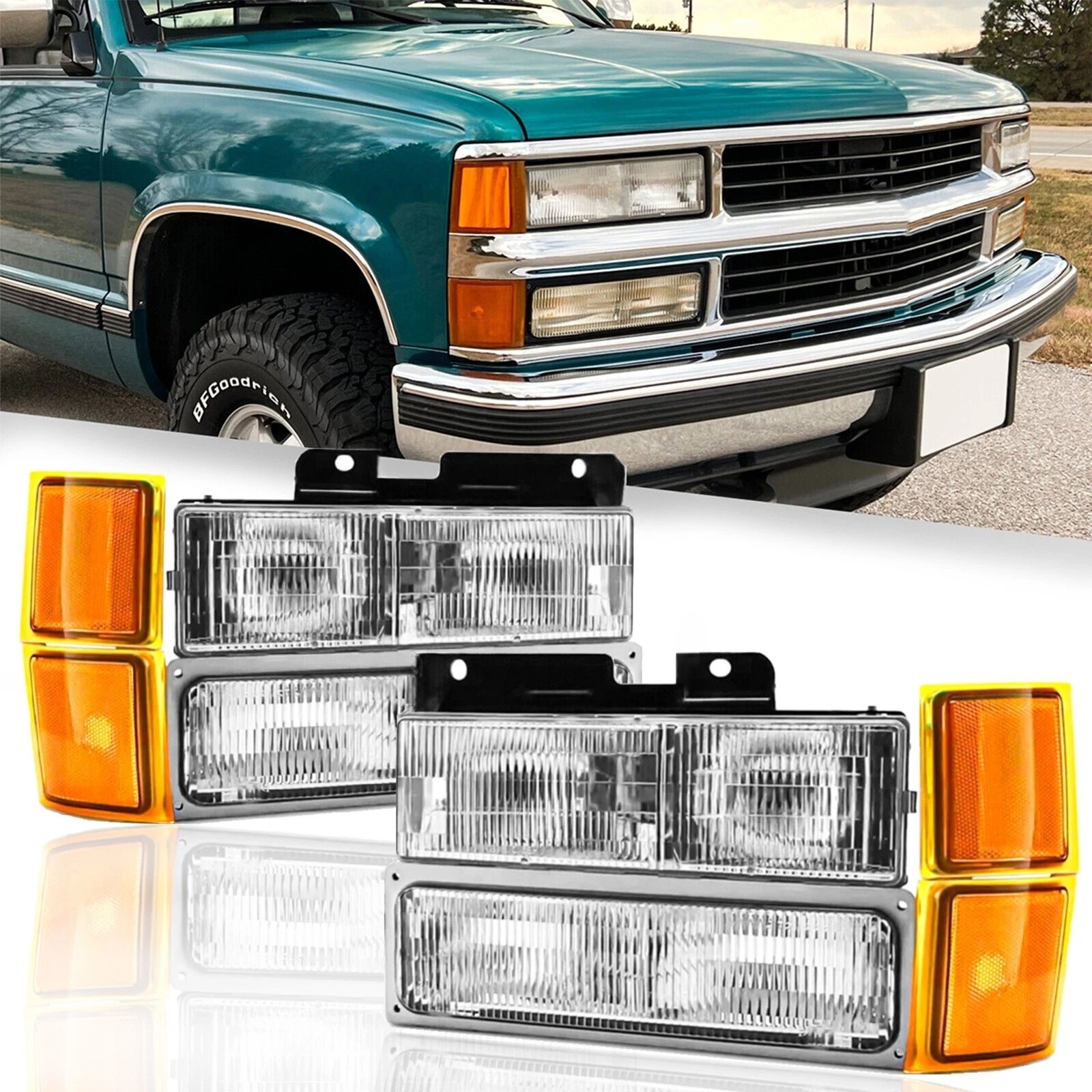 For 1994-1998 Chevy Silverado Headlights OBS C/K 1500 2500 3500 w/Bumper Lamps