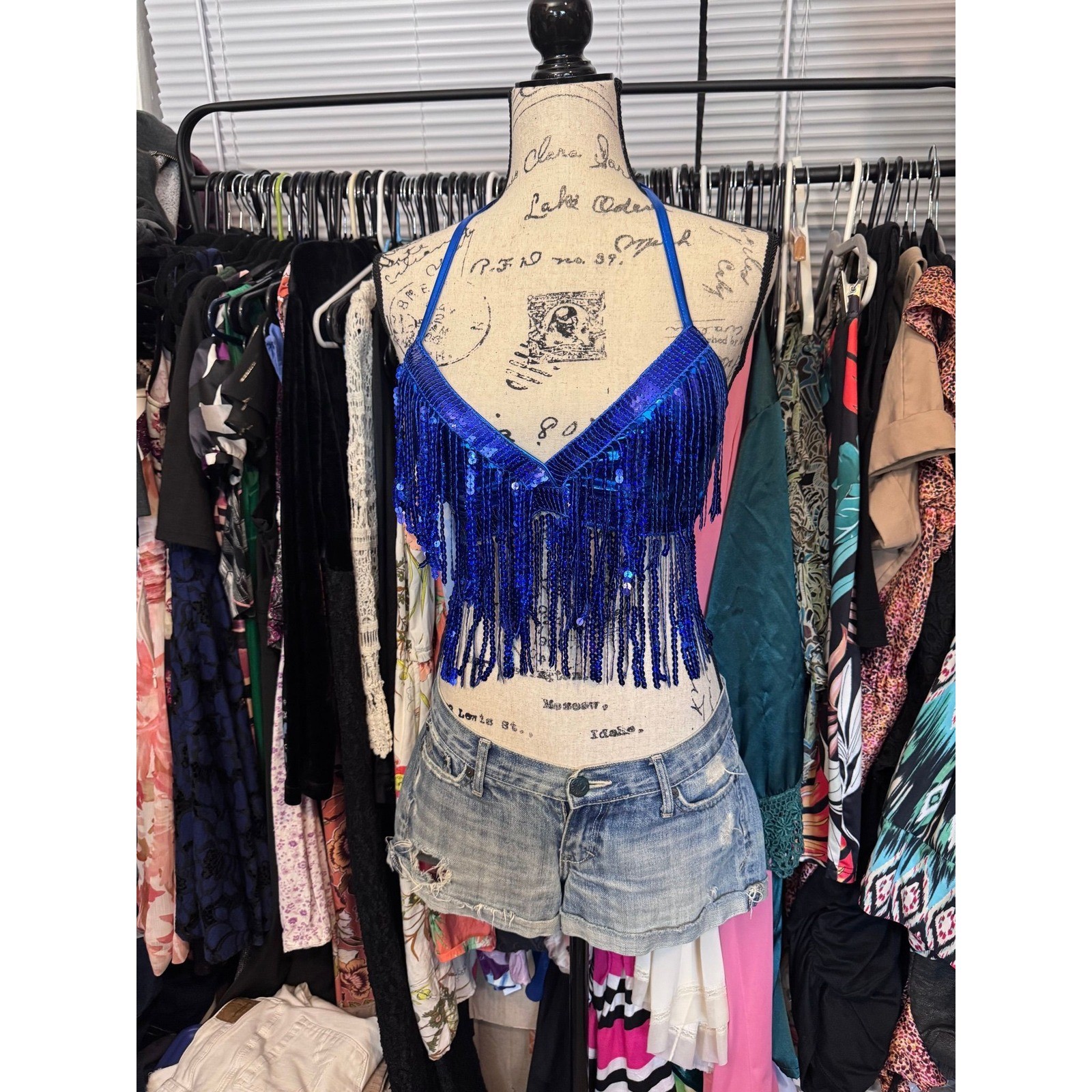 Royal Blue Sequin Fringe Halter Top Festival Rave Cowgirl Mermaidcore OS
