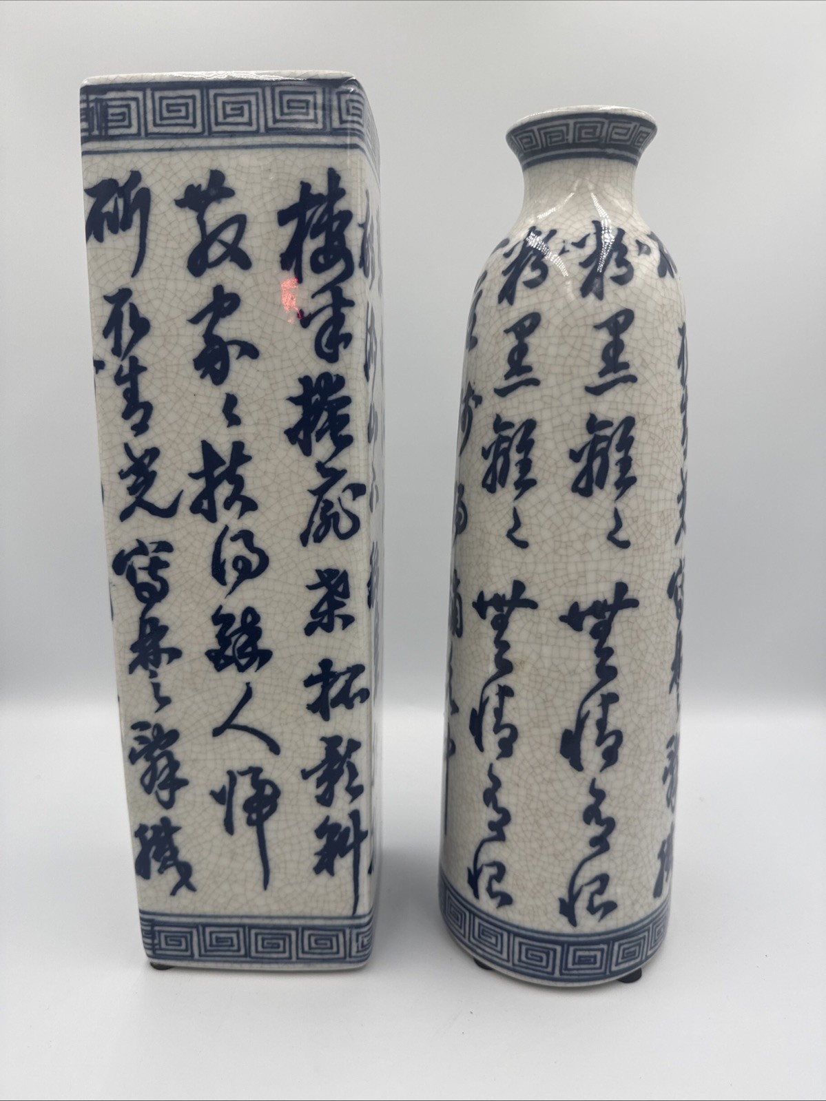 Pair Vintage Chinese Calligraphy Stoneware Vases Literati Poem Set 12\