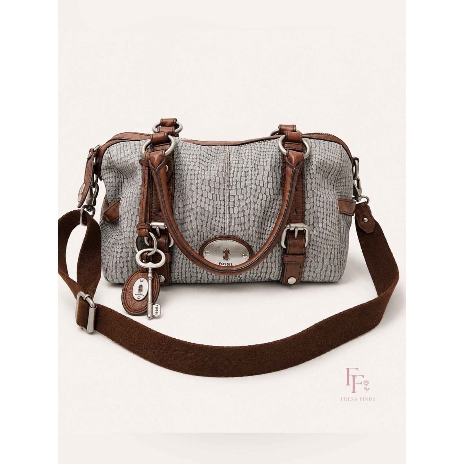Fossil Maddox Long Live Vintage Snakeskin Embossed Leather Satchel Crossbody Bag