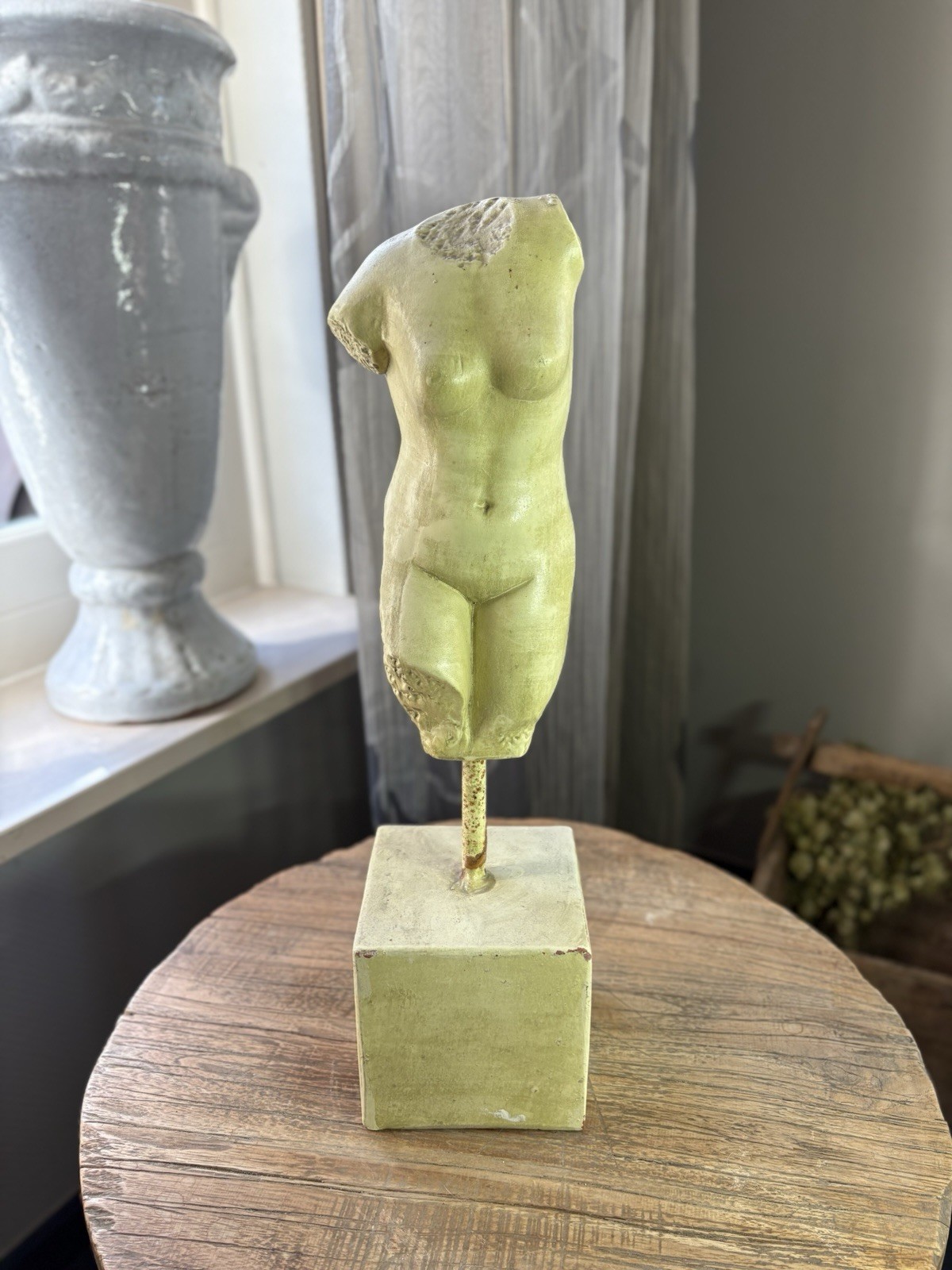 Vintage Classical Plaster Venus Torso Sculpture on Plinth (c. 1960s–1970s)