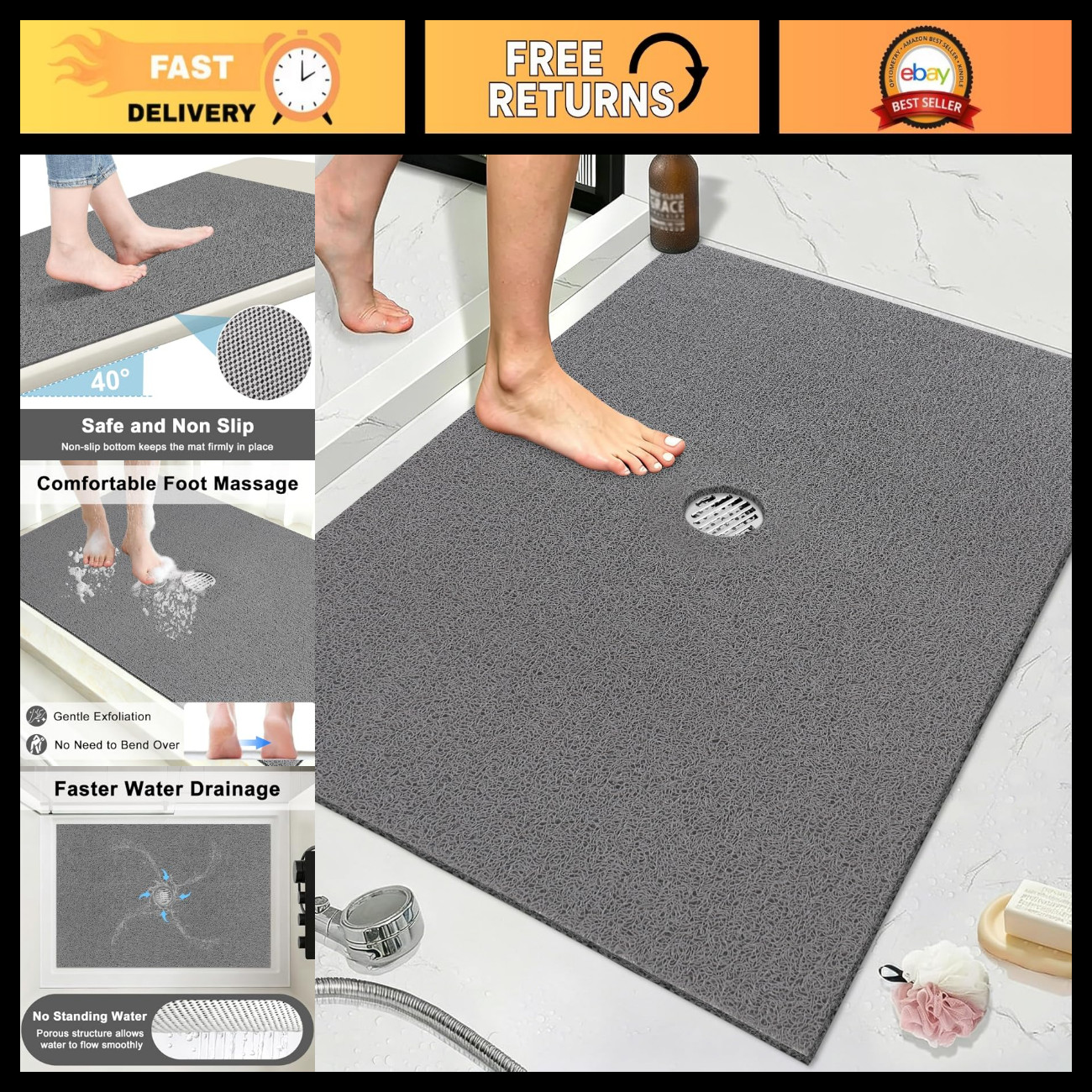 Extra Large Non-Slip Shower Mat 31.5x47.2 Inch, Soft PVC Quick Drain Bath Mat fo Extra Large Non-Slip Shower Mat 31.5x47.2 Inch, Soft PVC Quick Drain Bath Mat fo