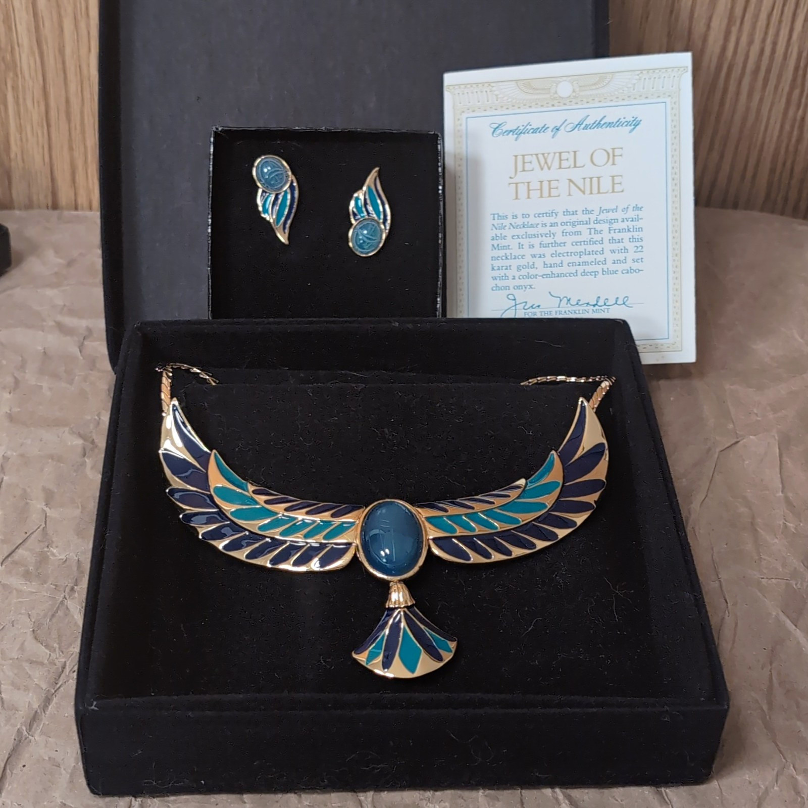 Franklin Mint Jewel of the Nile 22k Gold Enamel  Earrings Necklace Necklace COA