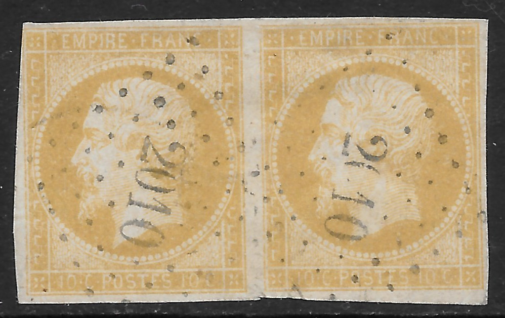 FRANCE SCOTT 14a USED PAIR FINE - 1853 10c YELLOW/YELSH ISSUE - NAPOLEON III
