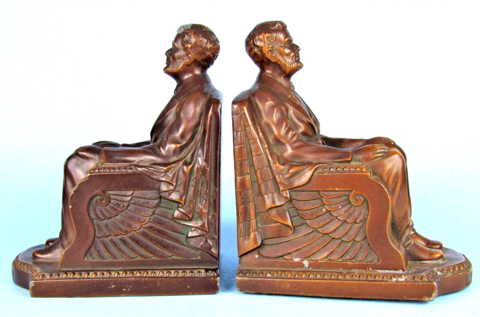 Nuart Antique Bronzed Metal Bookends Abraham Lincoln on Throne with Flag 1924