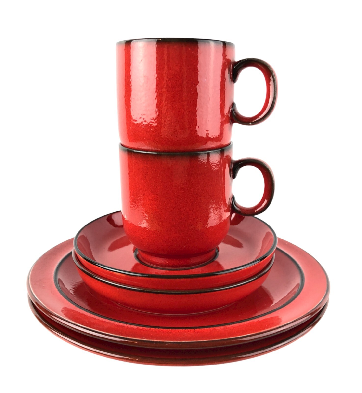 Thomas Germany Scandic Flammfest Red Black Trim Cups Plates Saucers 6 pc Set