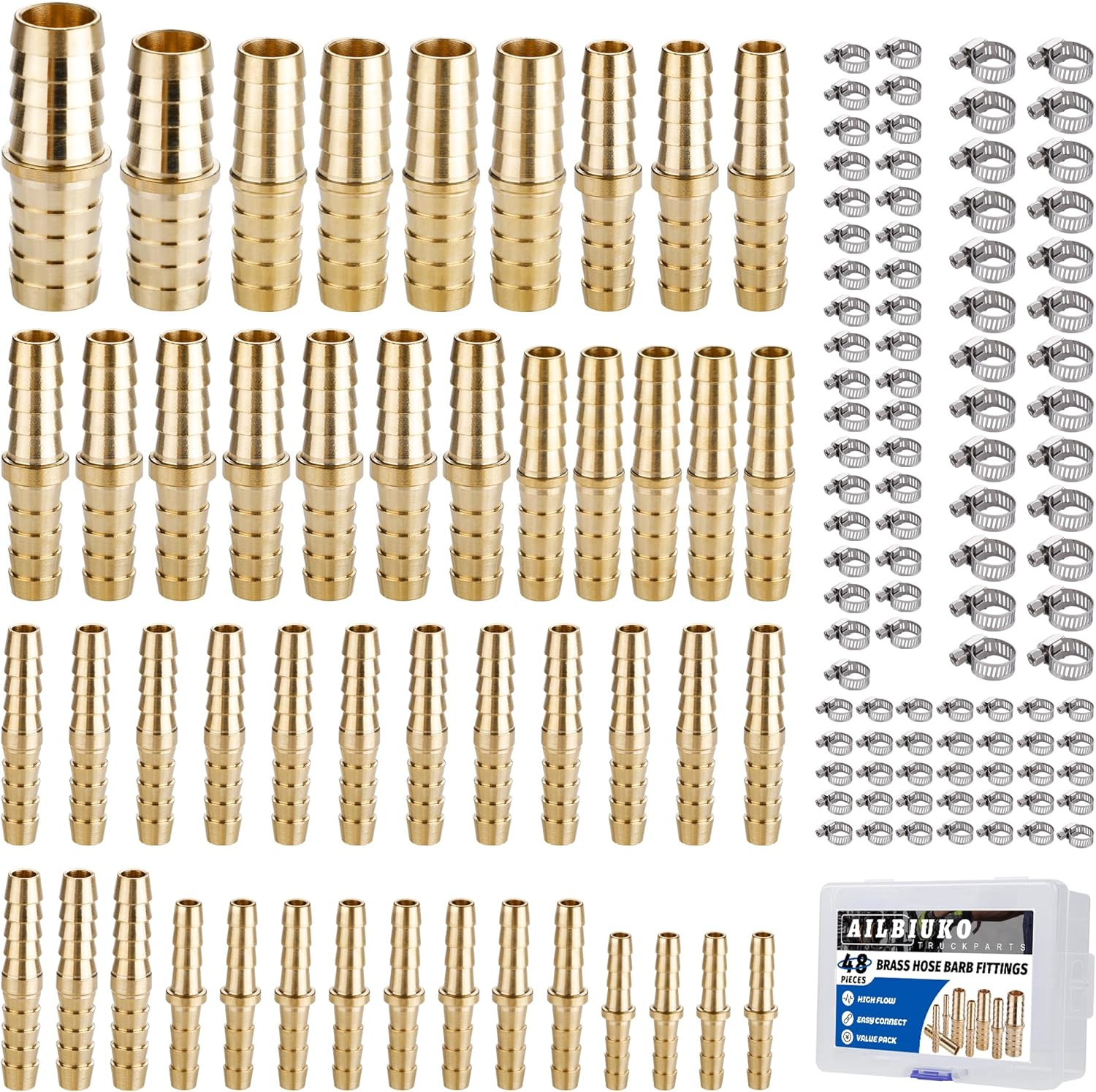 48PCS Brass Hose Barb Splicer Mender Fittings with Pipe Clamp
