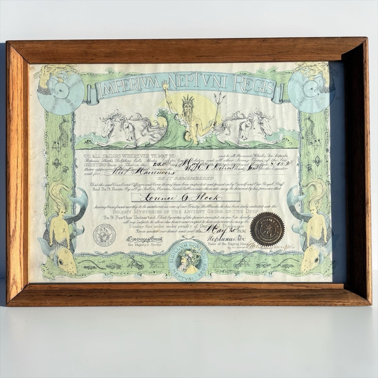 Vintage USS Detroit CL-8 Neptvni Regis Navy Shellback Certificate Pearl Harbor