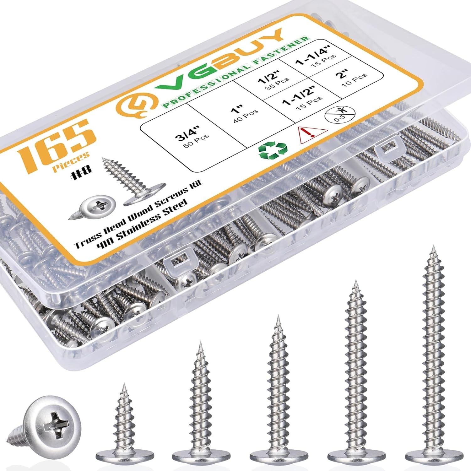 165Pcs 8 Modified Truss Head Wood Screws Kit, 410 Stainless, 6 Sizes, Tapping