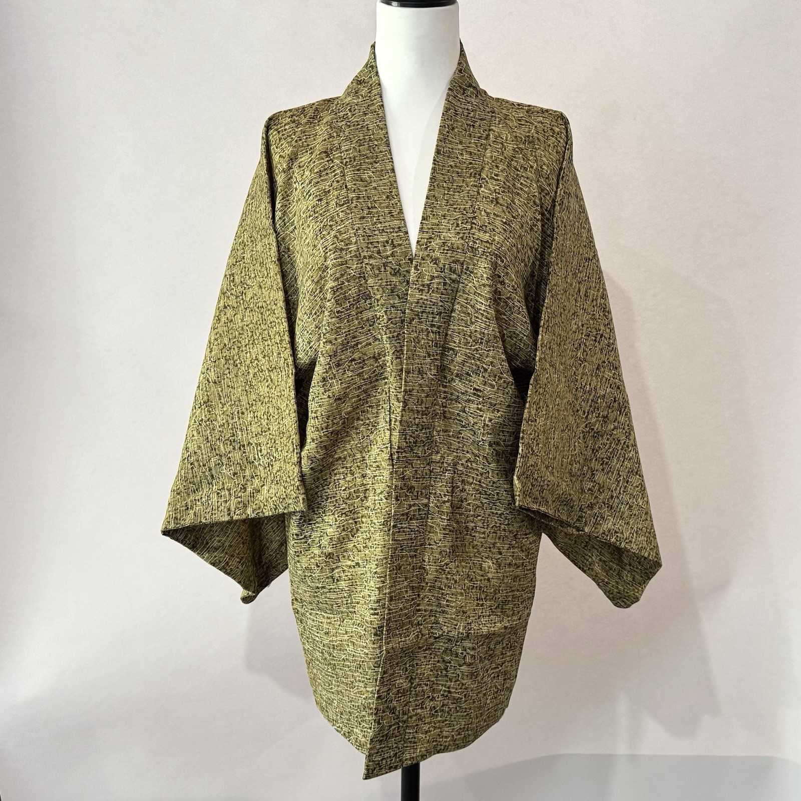 Vintage Japanese Silk Haori Kimono Jacket Olive Gold Abstract Pinstripe