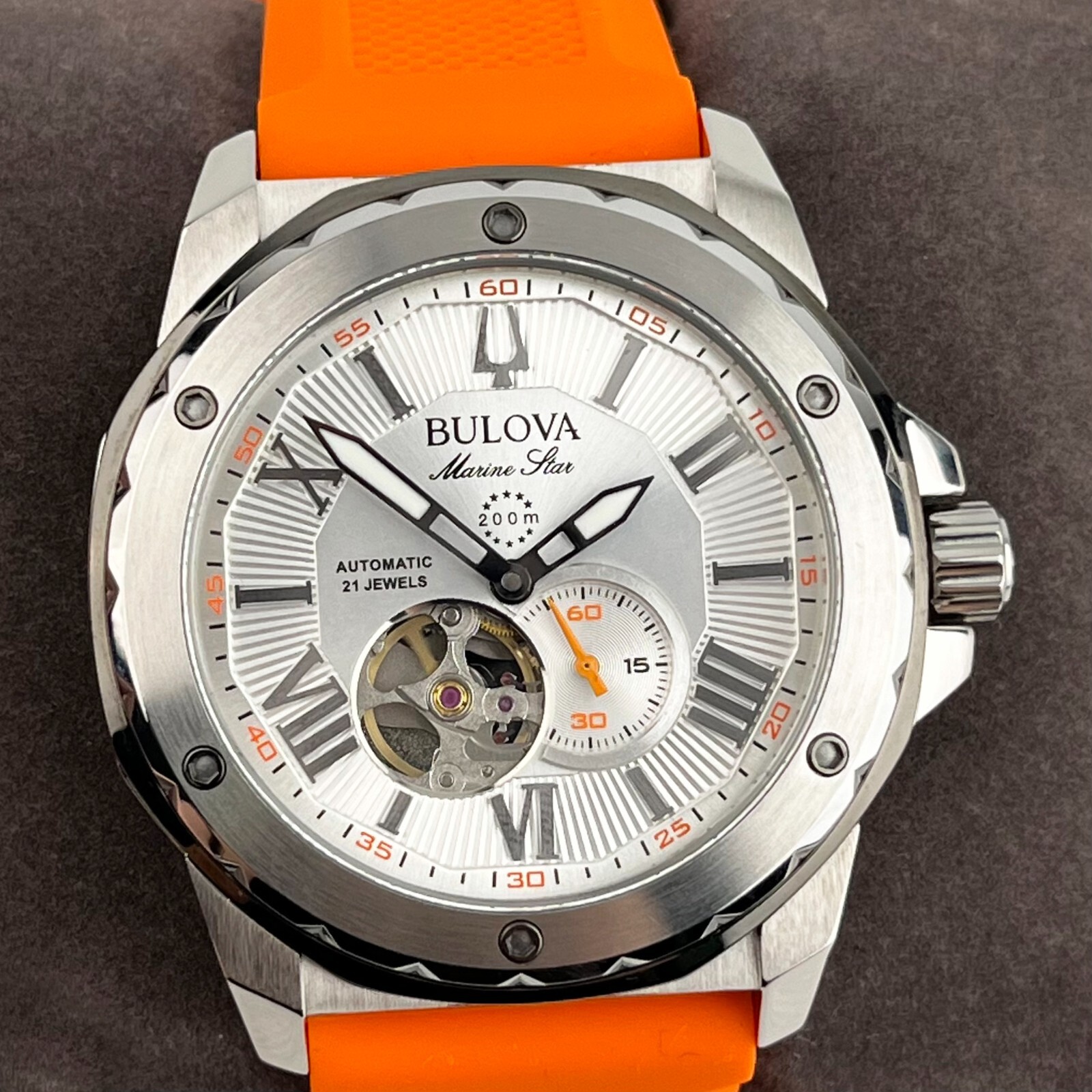 Bulova Marine Star Automatic 45mm White Dial Rubber Strap Men\'s Watch 98A226
