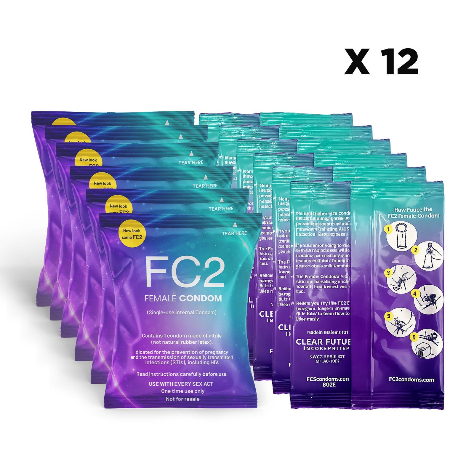 FC2 Female Condoms 12 Pk. New Look Exp: 03/23/2030 W/4 PK Lubes. FC2 Female Condoms 12 Pk. New Look Exp: 03/23/2030 W/4 PK Lubes.