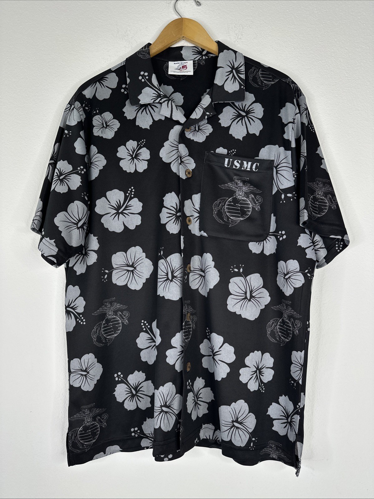 USMC Hawaiian Shirt Mens Size M Made In USA Semper Fidelis Marine Corps Aloha