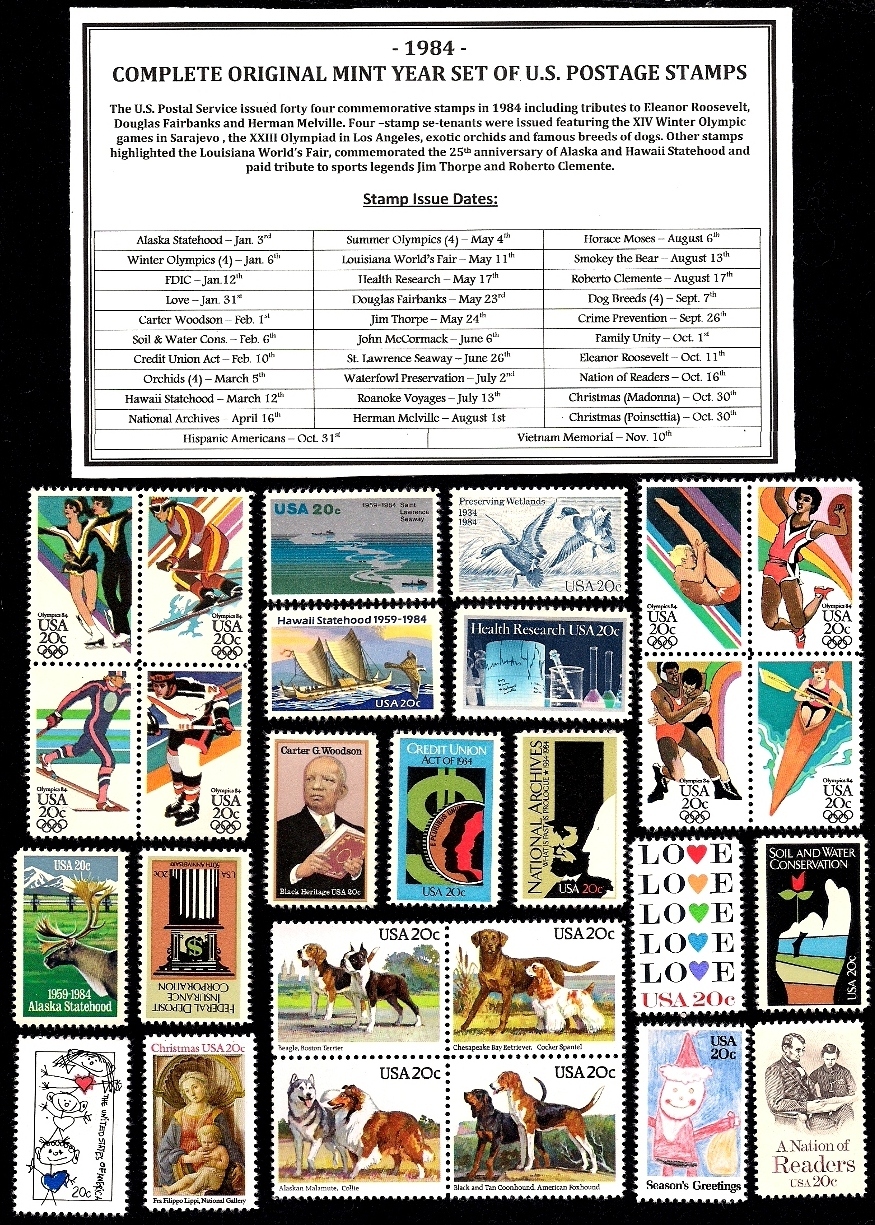 1984 COMPLETE COMMEMORATIVE YEAR SET OF MINT -MNH- VINTAGE U.S. POSTAGE STAMPS