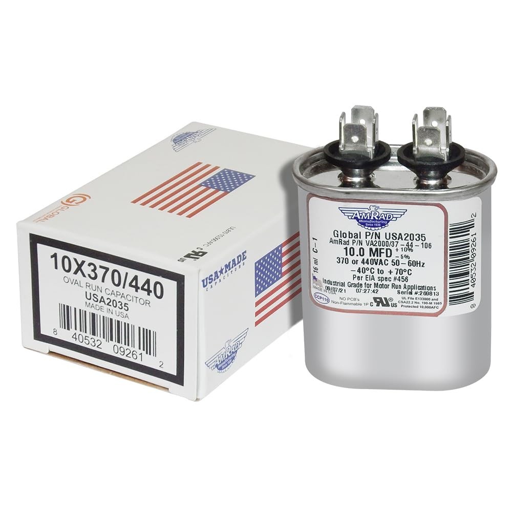 10 MFD x 370 / 440 VAC Oval Motor Run Capacitor AmRad USA2035 - Made in USA