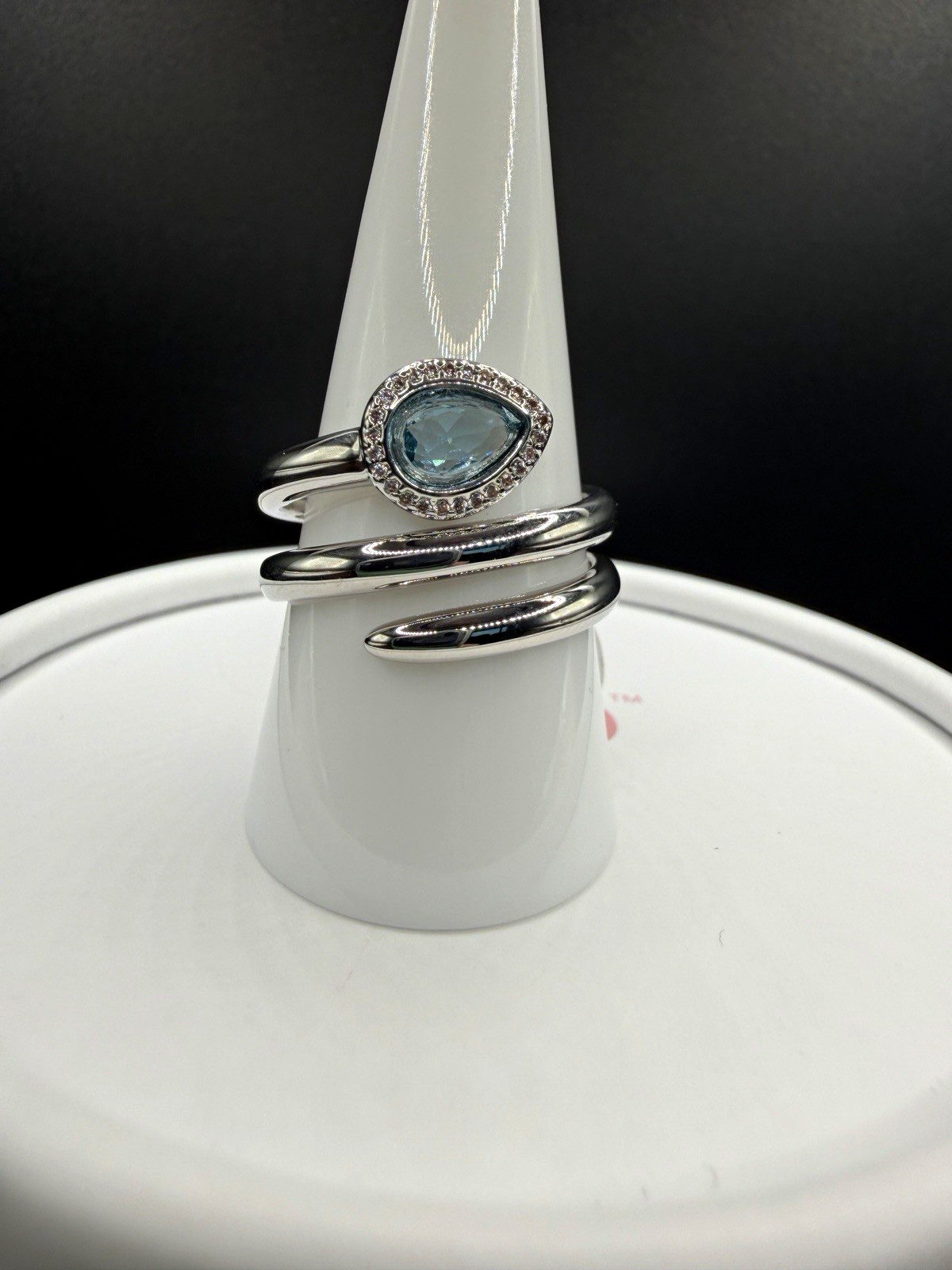 Size 10 Bomb Party Ring RG29323 Rhodium Lab-Created Arctic Blue Topaz Teardrop