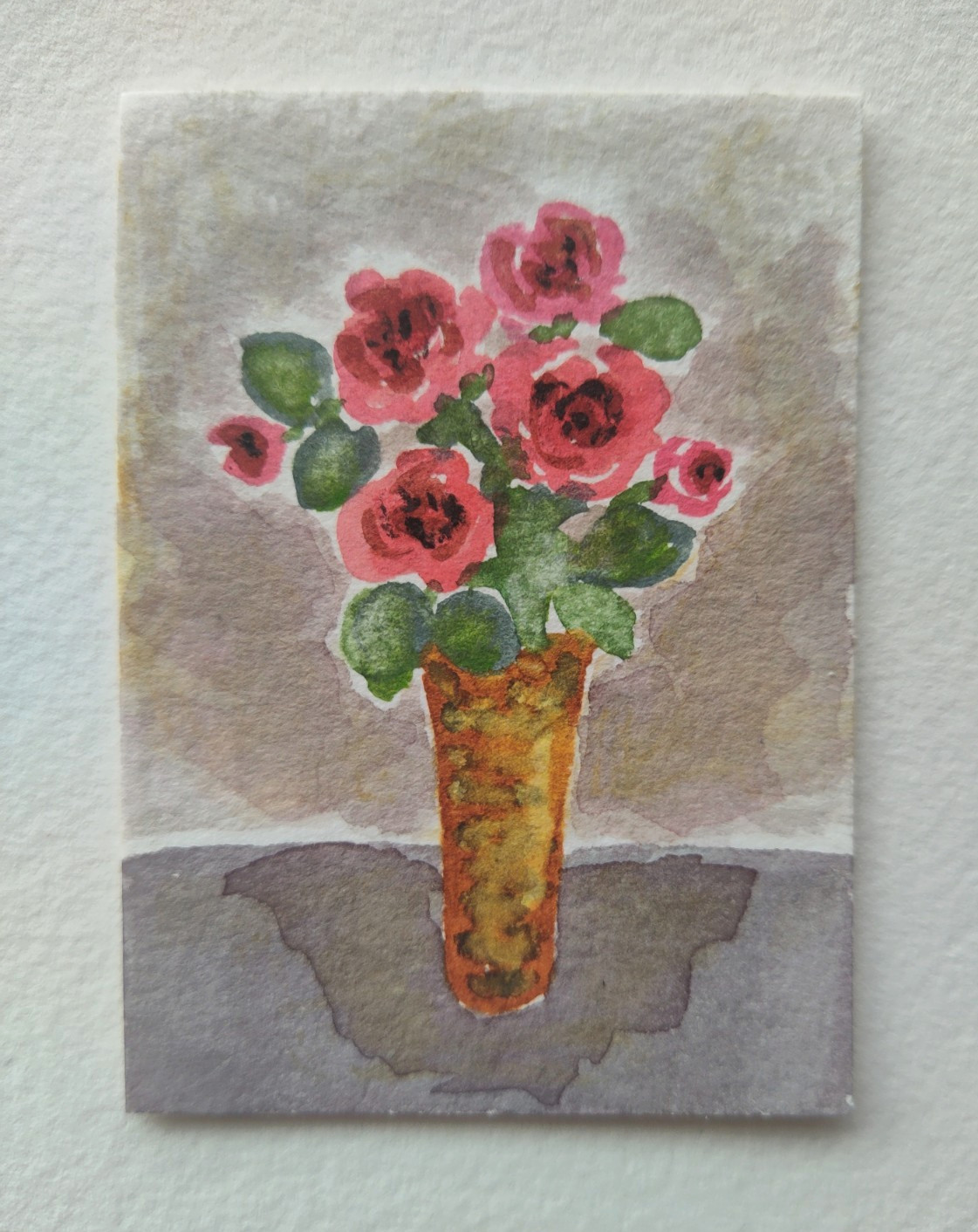 ACEO Original Watercolor Painting MONDAY\'S ROSES IN VASE Miniature Art Card OOAK