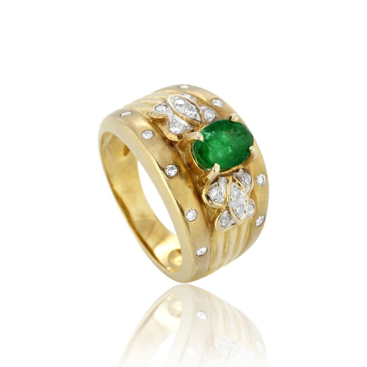 18K Yellow Gold 1.10 cts Emerald Diamond Ring  Retro Authentic Jewelry Size 6.5