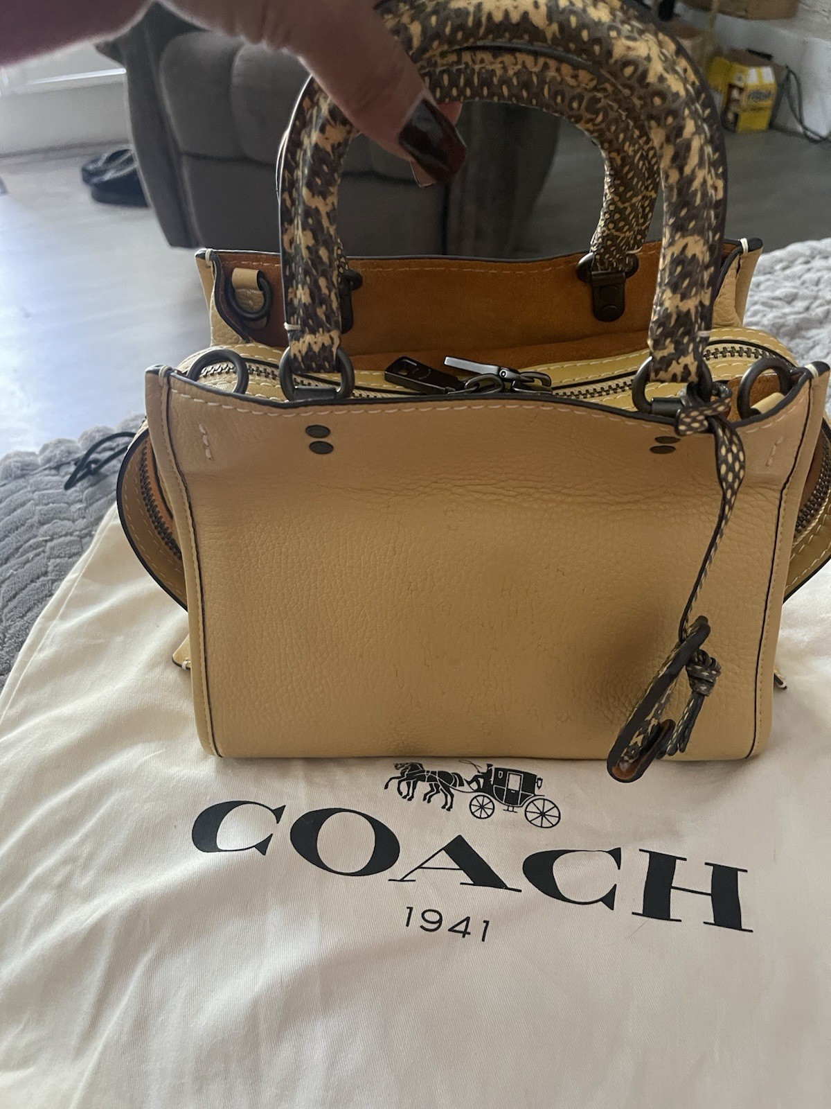 Coach 1941 Rogue 25 Beechwood Leather Snakeskin Handle Bag Receipt Dust Bag Coach 1941 Rogue 25 Beechwood Leather Snakeskin Handle Bag Receipt Dust Bag