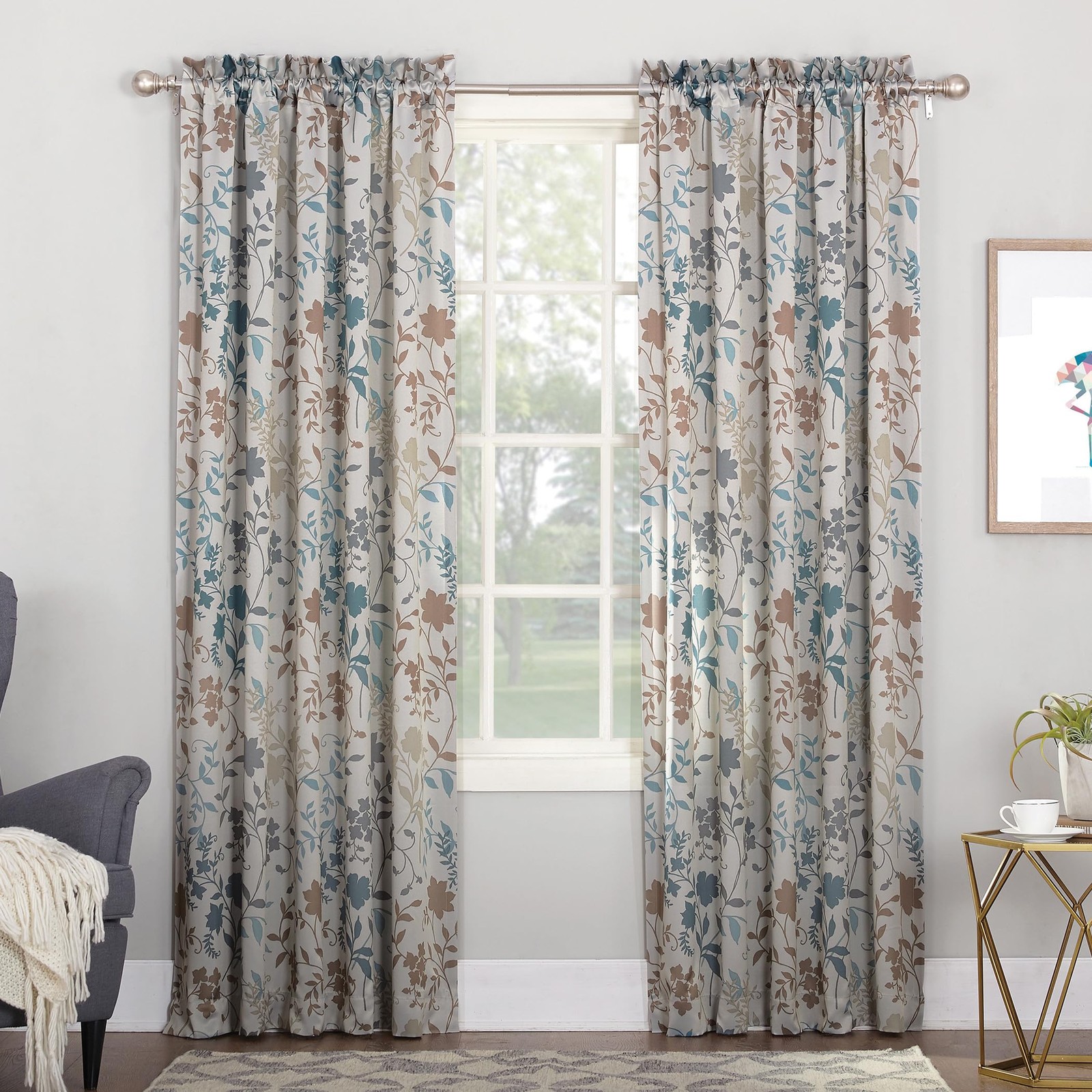 Floral Print Curtain Panel 54 x 63 Inch Room Darkening Window Drapes Stone 2Pack