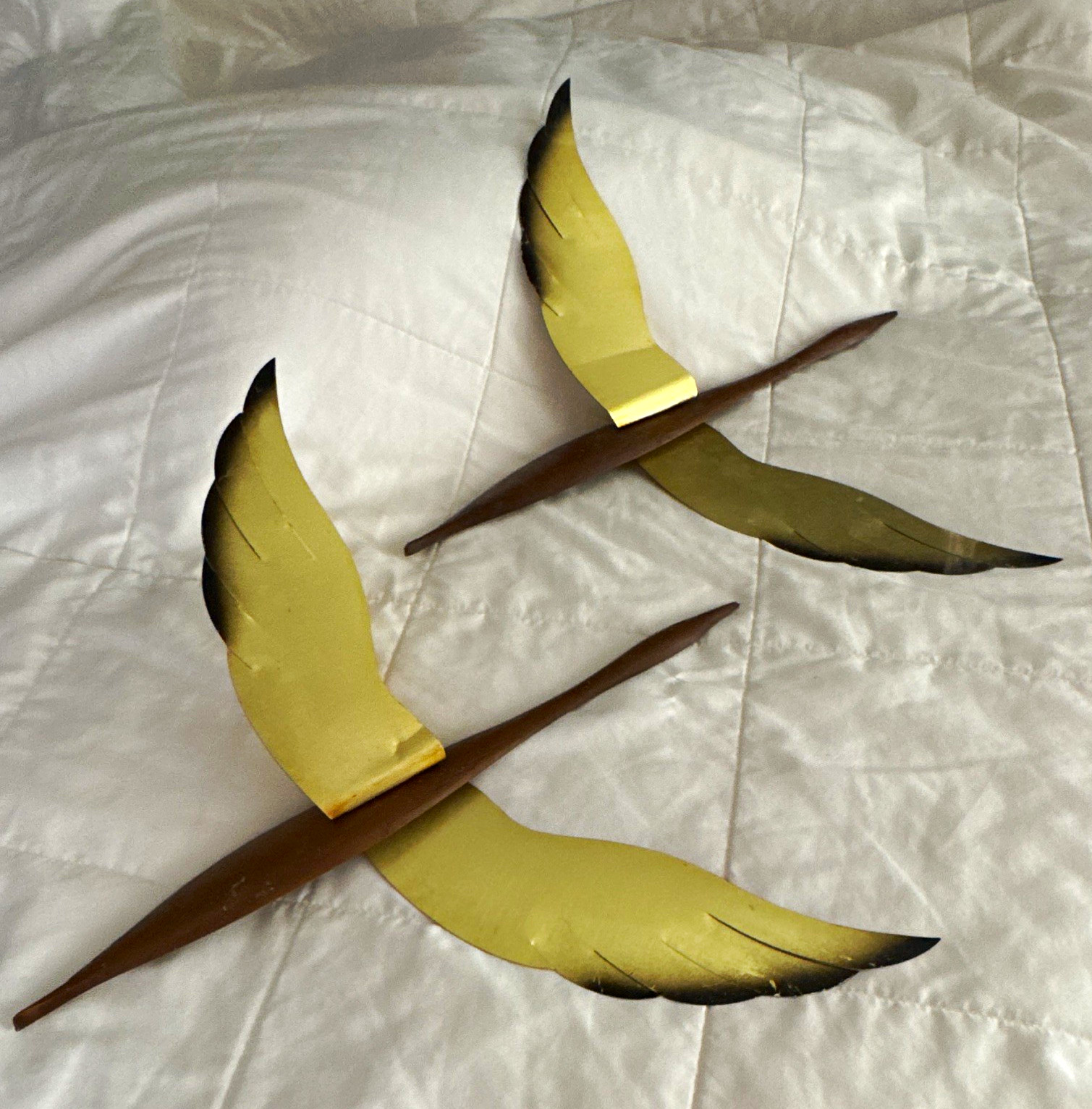 Vintage Mid-Century Modern Wood & Brass Flying Birds Wall Art – Set of 2